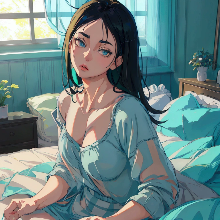 a beautiful girl with mid-length black hair, grey-green eyes, wearing a light blue t-shirt and checkered blue pants, lying on a bed in a room, lost in thought, anime style, (best quality,4k,8k,highres,masterpiece:1.2),ultra-detailed,(,photorealistic,photo-realistic:1.37),beautiful detailed eyes,beautiful detailed lips,extremely detailed eyes and face,longeyelashes,soft lighting,pastel colors (iwaizumi)