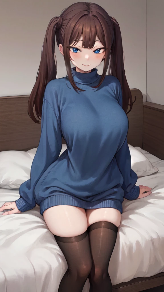 illustration, Cartoon, calming tones, calm colors, masterpiece, Best Quality, absurdities, High resolution, standing, looking at the viewer, 1 girl, young woman, breasts medianos, thighs, tsubame ntr, by the wide, blue eyes, Brown hair, two tails,
Sitting on the bed, interior, dark blue sweater, long sweater, large eyes, black stockings, breasts, hands behind, smile,