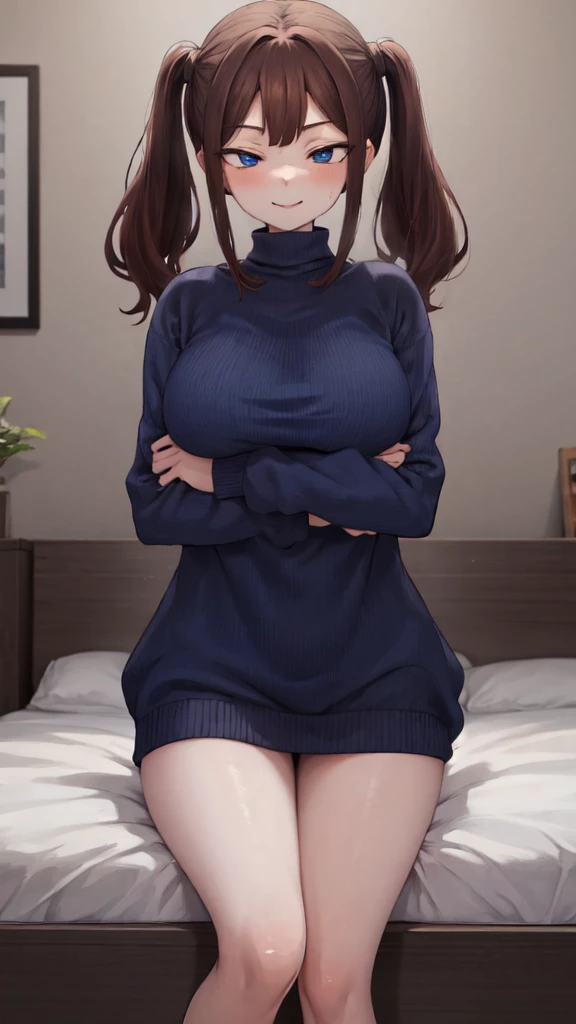 illustration, Cartoon, calming tones, calm colors, masterpiece, Best Quality, absurdities, High resolution, standing, looking at the viewer, 1 girl, young woman, breasts medianos, thighs, tsubame ntr, by the wide, blue eyes, Brown hair, two tails,
Sitting on the bed, interior, dark blue sweater, long sweater, large eyes, black stockings, breasts, hands behind, smile,