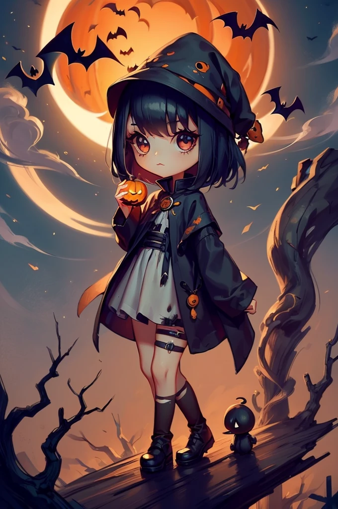 1girl,halloween ghost costume,chibi,horror,smoke, rotten tree, solar eclipse,
