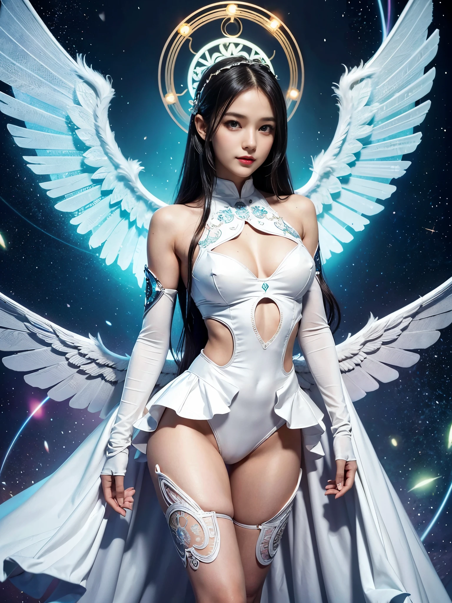 Cyborg, Girl, Beautiful girl, Cute, Sexy, Strong, Slender, Delicate, Smile, (Lolita costume), High legs, Metallic, ultra color, paisley, mandalas, Near future, Heaven, angel, feater, wing, Helix lamp, (The wings are symmetrically paired;1.5),
