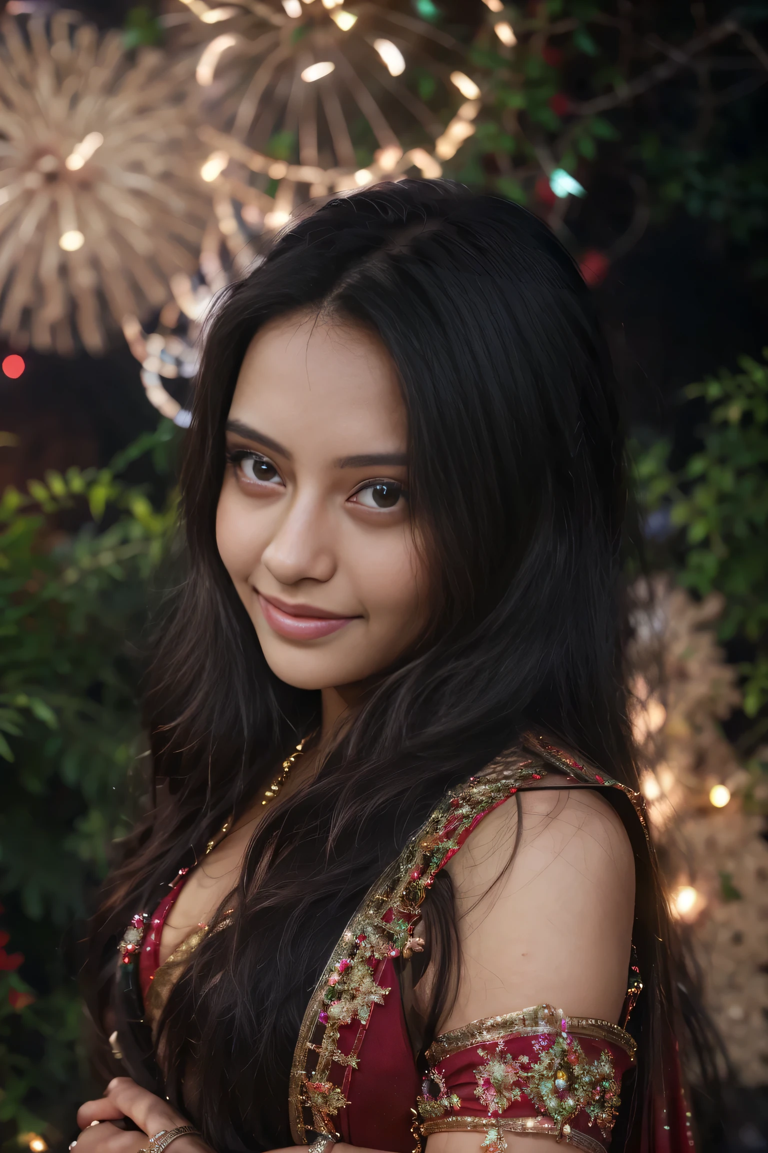 In the enchanting glow of Diwali, the streets come alive with a kaleidoscope of lights and the rhythmic flicker of earthen lamps. Amidst this magical splendor, a mesmerizing sight awaits. A resplendent young woman, draped in a vibrant red saree, stands as the epitome of grace and elegance. The intricate details of her ensemble shimmer softly, reflecting the warm hues of the festive lights around her and fireworks in the sky, With each step, she brings an aura of joy and celebration, her presence illuminating the entire street with a radiance that rivals the brightest fireworks. As she embraces the spirit of Diwali, her infectious smile lights up not only the scene but also the hearts of all who witness her ethereal beauty