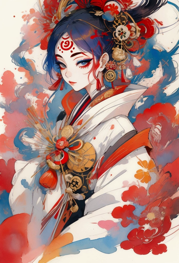 A beautiful modern woman dressed as an oiran, depicted in a watercolor style. The composition focuses on her upper body, showing a fusion of traditional oiran attire with contemporary fashion elements. Her hair ornaments and makeup reflect a mix of traditional and modern aesthetics. The background features a cityscape, blending traditional elegance with the vibrancy of modern urban life. The overall atmosphere is a harmonious blend of the past and present.