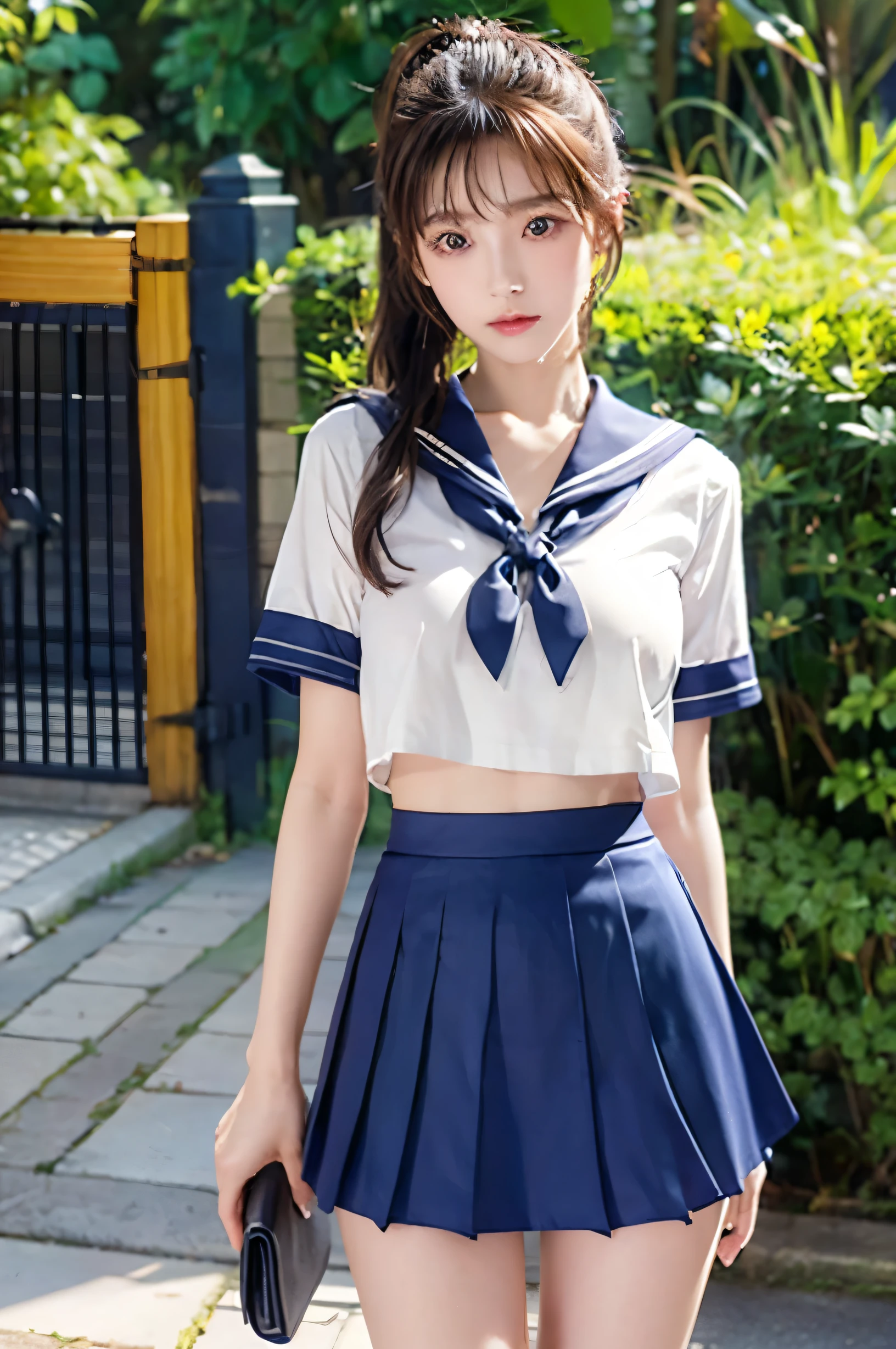 (Ultra HD), (Looking at me), (The whole body is shown), (Short-sleeved sailor uniform, Navy blue mini skirt), Big Breasts, Super beautiful breasts, slender, (Thin legs:1.2), (Thin thighs:1.2), (Thin Hips:1.4), (Beautiful Skin, Shiny skin, White skin), (Super slim face, Super beautiful face, No makeup, Smile:0.6), (ponytail, Layered Cut, Fluffy hair), (Big eyes:1.4, High corners of the eyes:1.4, double eyelid), (Thin eyebrows:0.1), (Small Nose:0.6), (Thin lips:0.6), Are standing, In front of the school gate