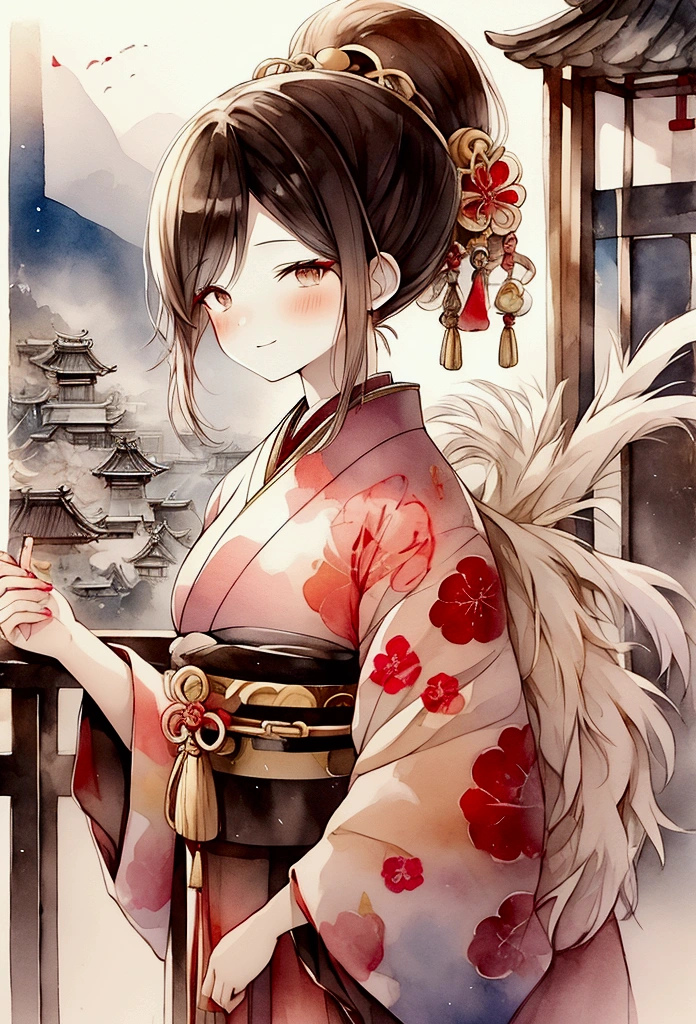 A beautiful modern woman dressed as an oiran, depicted in a watercolor style. The composition focuses on her upper body, showing a fusion of traditional oiran attire with contemporary fashion elements. Her hair ornaments and makeup reflect a mix of traditional and modern aesthetics. The background features a cityscape, blending traditional elegance with the vibrancy of modern urban life. The overall atmosphere is a harmonious blend of the past and present.