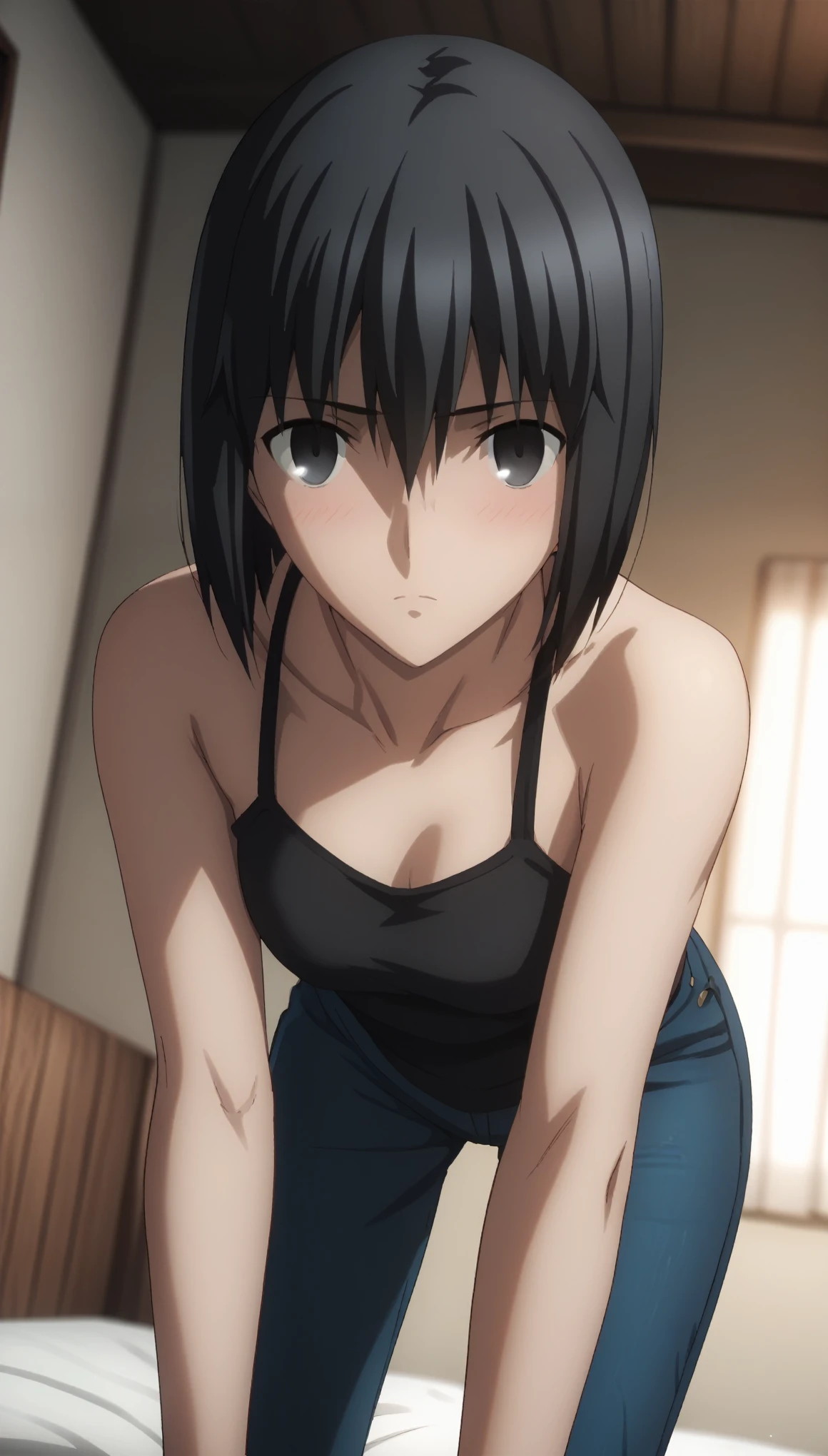 sauce_anime, ambient light,
fsn_ubw_style, 1girl ,tall girl, straight hair ,bob cut hair, black hair, deep black eyes, hair between eyes, perfect eyes , Perfect face, expressive eyes, close up face:0.2 ,[[blush]],  
(undress black clothes), detailed denim pants, (slender body), slim body,
indoors, bed, realistic bed room, all fours, leaning forward ,
cowboy shot, looking at viewer, solo, dutch angle,, medium breast, 