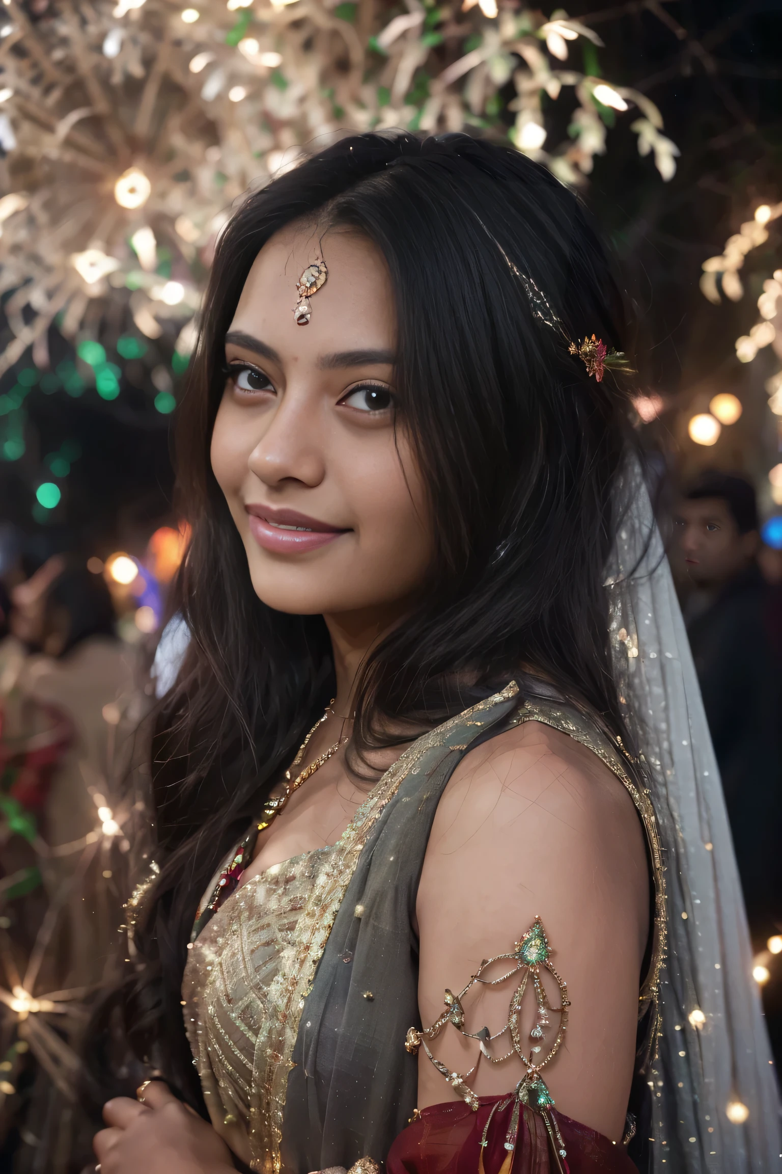 In the enchanting glow of Diwali, the streets come alive with a kaleidoscope of lights and the rhythmic flicker of earthen lamps. Amidst this magical splendor, a mesmerizing sight awaits. A resplendent young woman, draped in a vibrant red saree, stands as the epitome of grace and elegance. The intricate details of her ensemble shimmer softly, reflecting the warm hues of the festive lights around her and fireworks in the sky, With each step, she brings an aura of joy and celebration, her presence illuminating the entire street with a radiance that rivals the brightest fireworks. As she embraces the spirit of Diwali, her infectious smile lights up not only the scene but also the hearts of all who witness her ethereal beauty