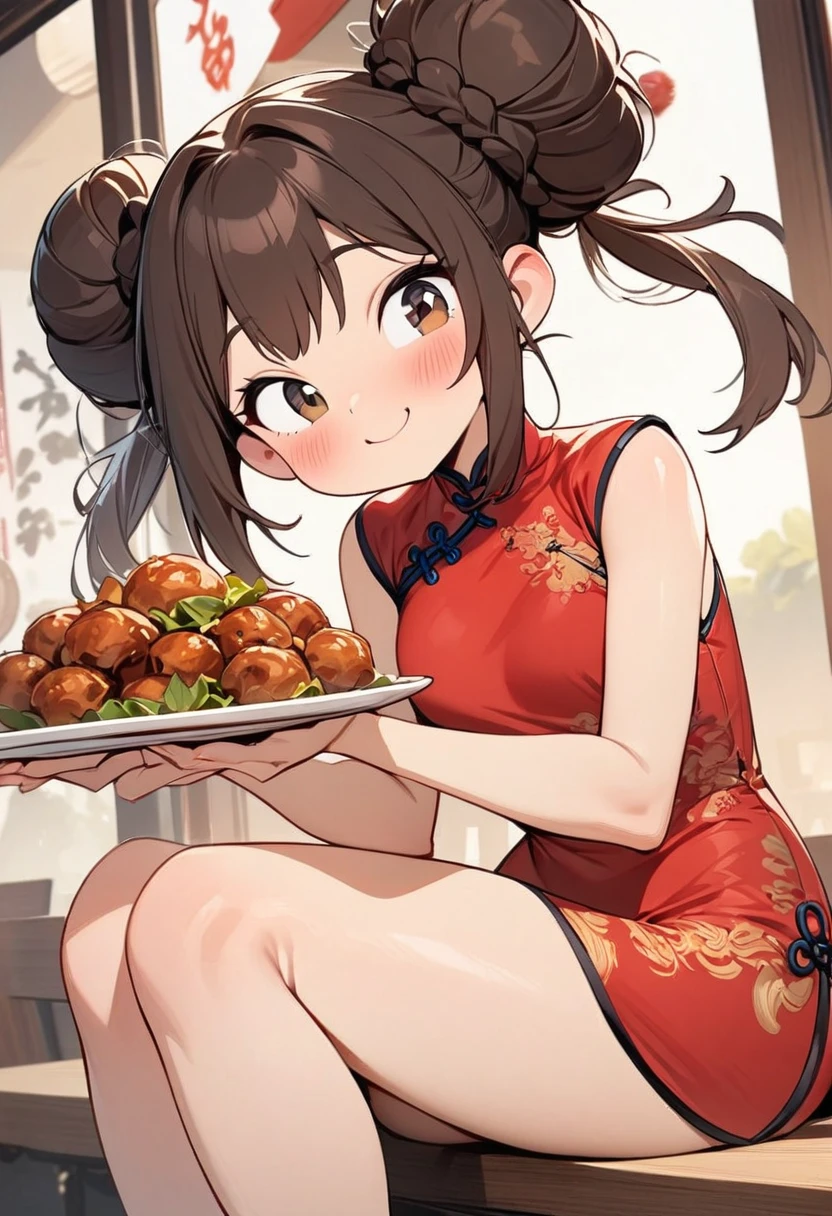 (masterpiece, Highest quality:1.2), Cartoon style character design, 1 girl, alone，Big eyes，Cute expression，smile, Two buns hair，China dress，Plates with food in both hands, Chinese restaurant