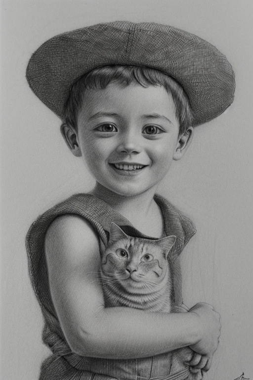 pencil drawing,(masterpiece, best quality, high resolution, absurdres, intricate details:1.3),monochrome,1boy,hat,smile,holding a cat,tree,cloud,