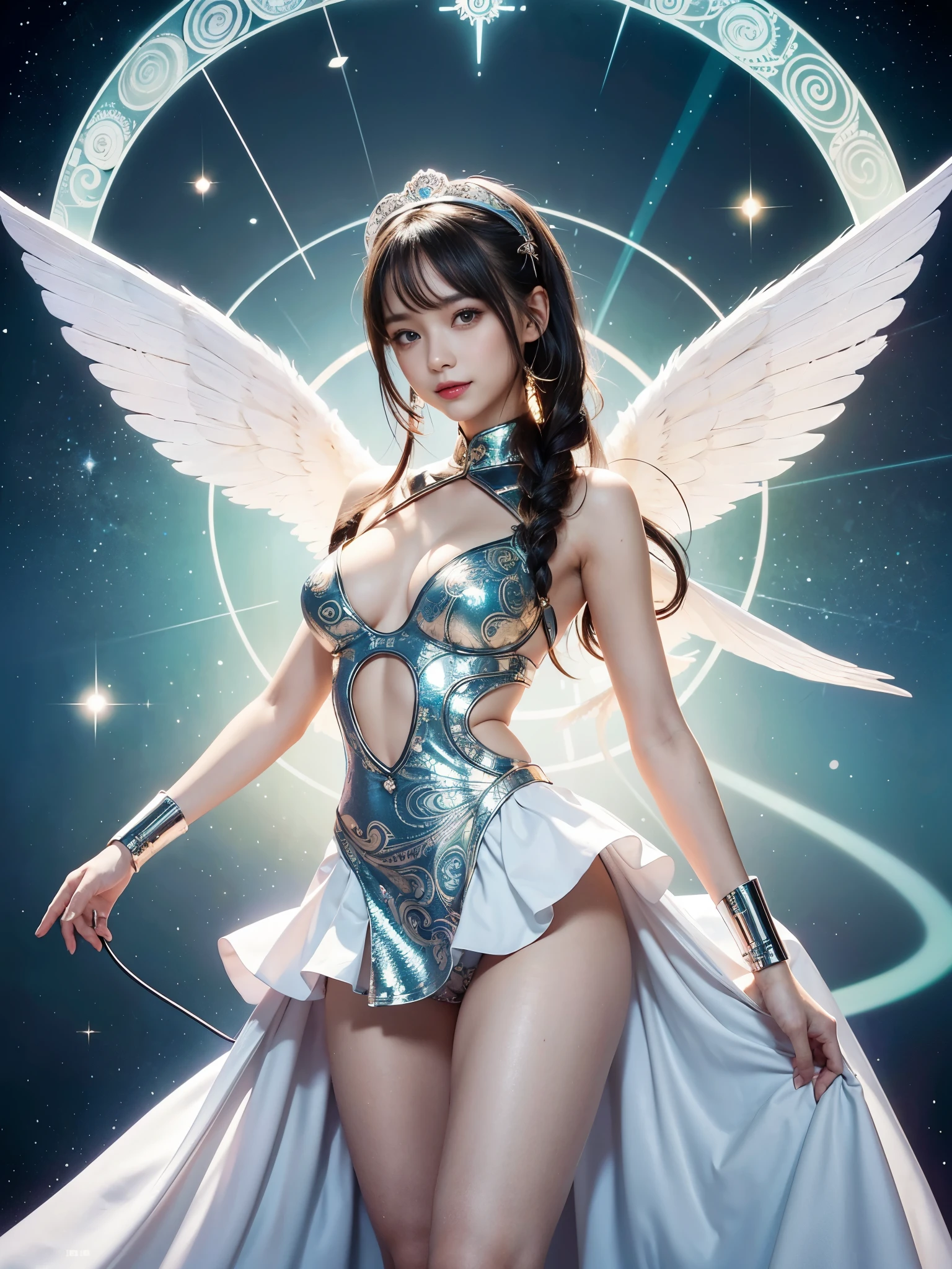 This image contains、It depicts a beautiful Japanese girl wearing a sci-fi-style outfit.。The costume is thin and transparent.、Small LED lights are embedded all over the body.、It emits a bright blue light。Similar lights are embedded in the face.、It exudes a futuristic and mysterious atmosphere.。She has transparent wings spread across her back.、Also, the lights are embedded、It's shining brightly。
The background is the city at night、The blurred lights make the beautiful girl stand out.。As a photographic technique、To emphasize the light on the subject、The technique used is to adjust the exposure and darken the background.。The composition of the vertical screen is、Showing the details of the whole body、It was chosen to accentuate her wings.。The light reflection and diffusion effects are used skillfully.、It creates a realistic and fantastical atmosphere.。