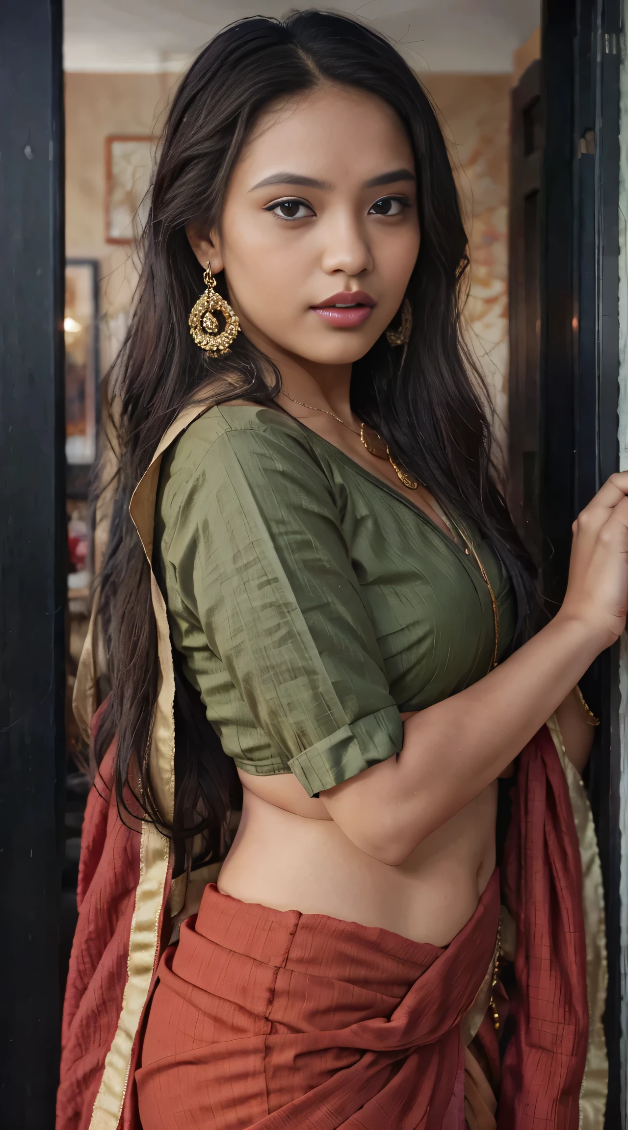 1 girl, standing out side of house, brown light skin, very small breasts fully covered with cloths, mixed 4, red sari, earrings, natural light red lips, closed mouth, realistic, photo_\(medium\), solo, (masterpiece), full body with legs, (photorealistic : 1.3 ), very detailed, (high detail) skin: 1.2), (best quality: 1.0), (very high resolution: 1.0), (Orchan-6500: 0.3), wavy detailed hair, long hair, sunshine, (beautiful makeup details),