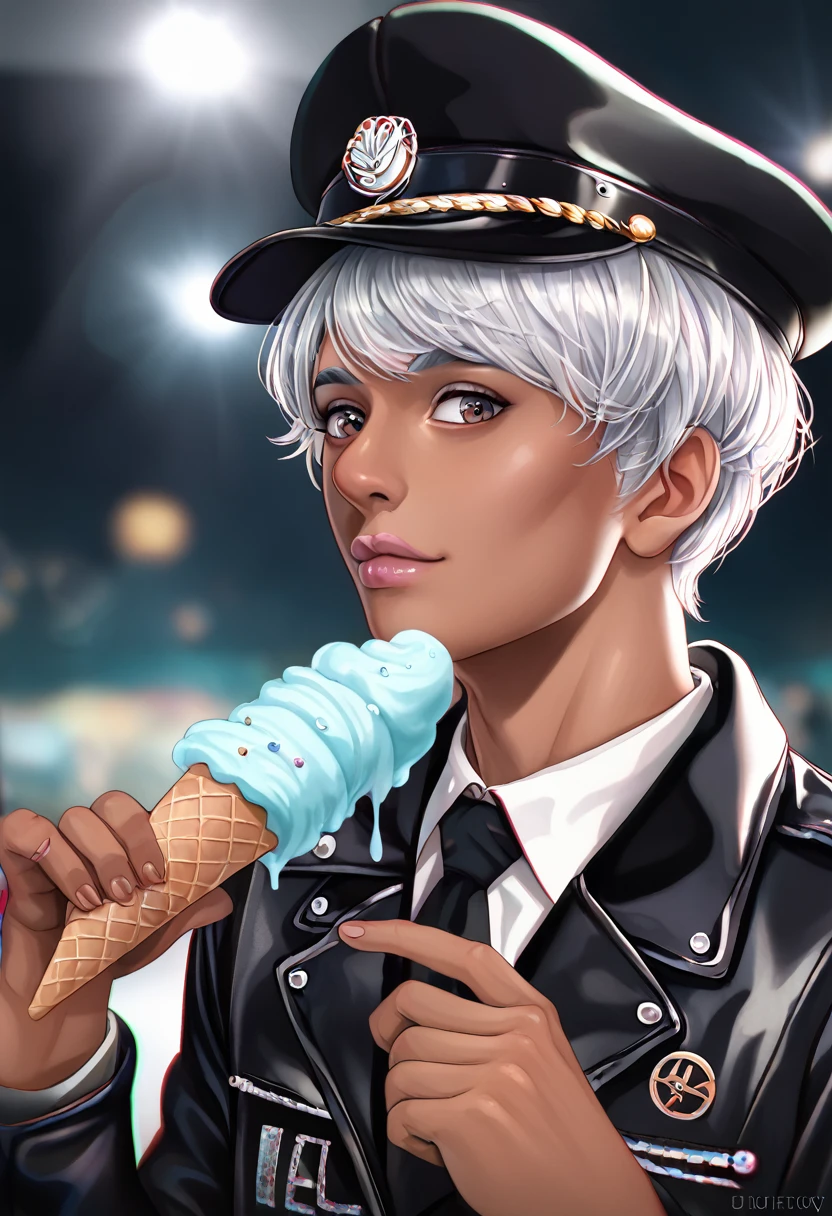 Handsome young man wearing a leather jacket, Wear a hat, Have silver hair, Holding ice cream, Disheveled silver hair, Handsome, (8K, RAW photos, Reality:1.25) ,( Lip Gloss, eyelash, man, Glossy surface, Smooth skin, Dark Skin, Dark Breath, male, best quality, Ultra-high resolution, young man, Depth of Field, Chromatic Aberration, Caustics, Broad lighting, Natural shade,Korean Idol) Looking at the audience with a peaceful and sacred happiness,\",\"width