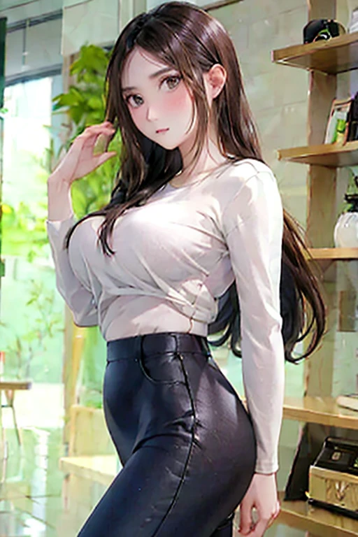 A beautiful young asian woman with long black hair wearing a tight white t-shirt and black leggings, big breasts and a big butt standing in a room with various decorative items and shelves on the wall