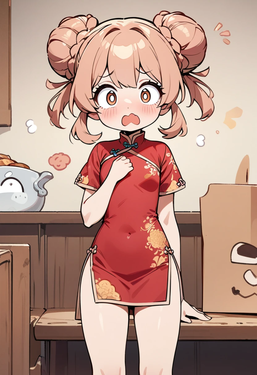 (masterpiece, Highest quality:1.2), Cartoon style character design, 1 girl, alone，Big eyes，Cute expression，surprise, Two buns hair，China dress，I&#39;m about to drop the plate, Chinese restaurant