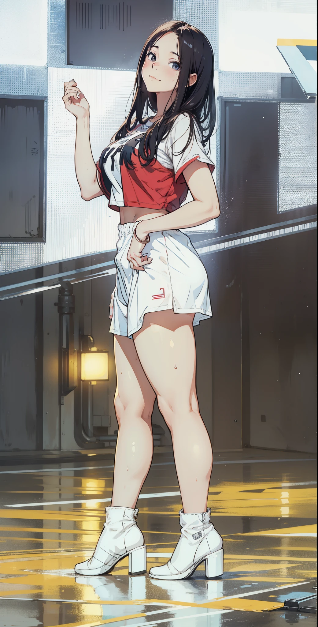A Female robot is sleeping in the book, spread legs, nude, banzai pose. she wears no dress. She Brown short hair is tied with two big red clothespins, She lifts up the under hem of her white plain dress, leaning over, masterpiece, very short pigtails,brown hair, mature, android, blue eyes, full body figure, Height: 160cm, flushed cheeks, 2020s anime picture, A beautiful robot with short brown hair in two short pigtails held up by two very large huge red clothespins, Uplifting, No NSFW, whole body, barefoot, archaic smile, getting orgasm, 25 years old, sweat bucket.