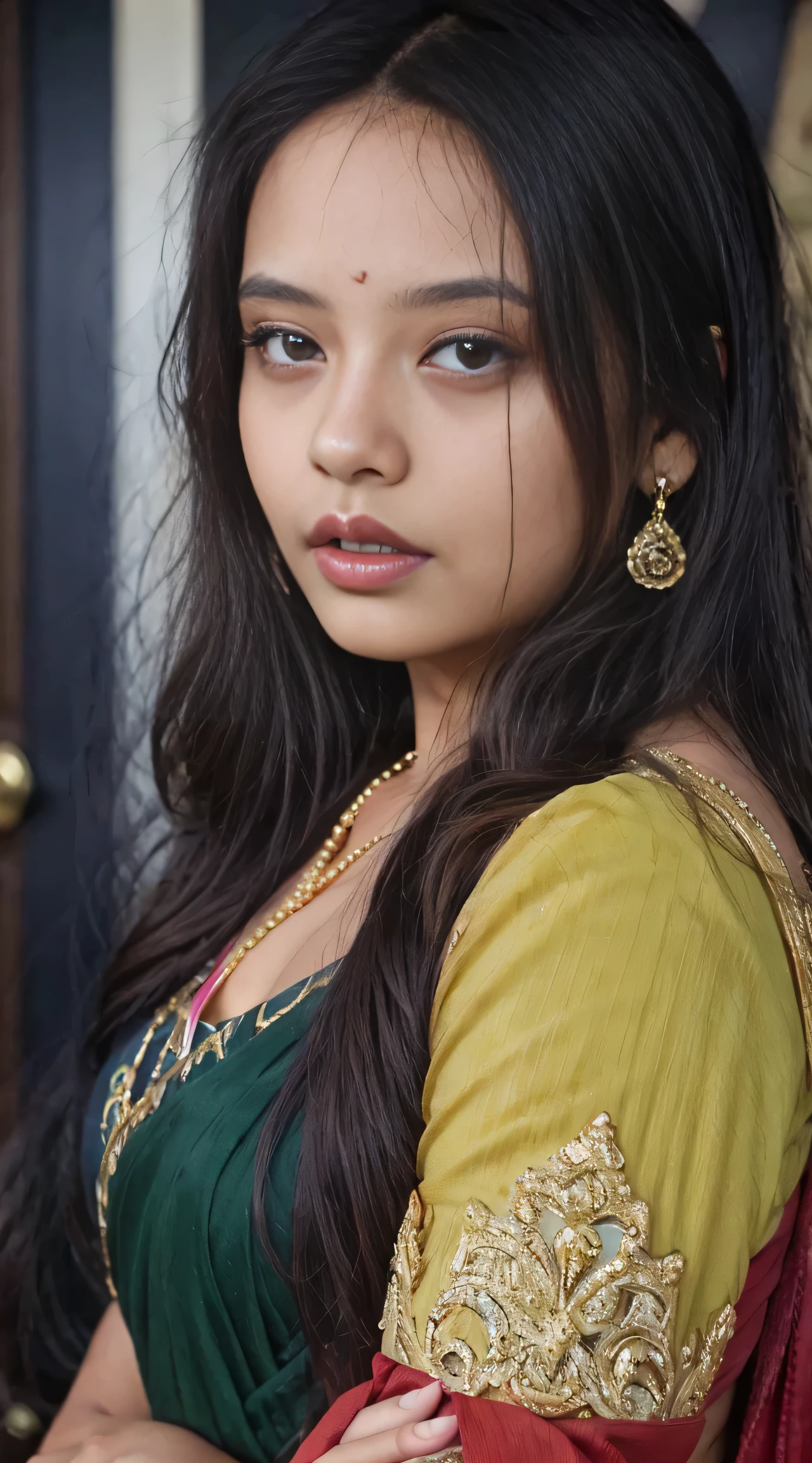 1 girl, standing out side of house, brown light skin, very small breasts fully covered with cloths, mixed 4, red sari, earrings, natural light red lips, closed mouth, realistic, photo_\(medium\), solo, (masterpiece), full body with legs, (photorealistic : 1.3 ), very detailed, (high detail) skin: 1.2), (best quality: 1.0), (very high resolution: 1.0), (Orchan-6500: 0.3), wavy detailed hair, long hair, sunshine, (beautiful makeup details),
