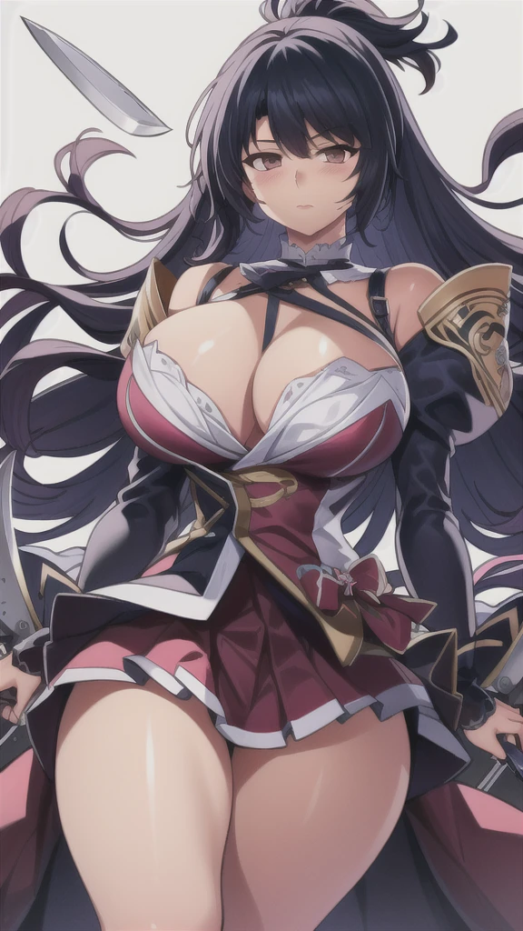 masterpiece,best quality,kim_kwang_hyun, 1girl, musashi \(azur lane\),  extremely Long hair, blueish-black hair, Bangs, ribbon, chunky, solo, blueish-black colored  hair, large huge breasts, looking at viewer, Pink eyes, blueish-black colored hair, big boson, large huge breasts, long sleeves, dress, cleavage, closed mouth, weapon ((2bladed knife)), puffy sleeves, arm up, clothing cutout, copyright name, red dress, cleavage cutout, juliet sleeves , power armor, shoulder armor, blueish-black colored hair, pink eyes, ribbon