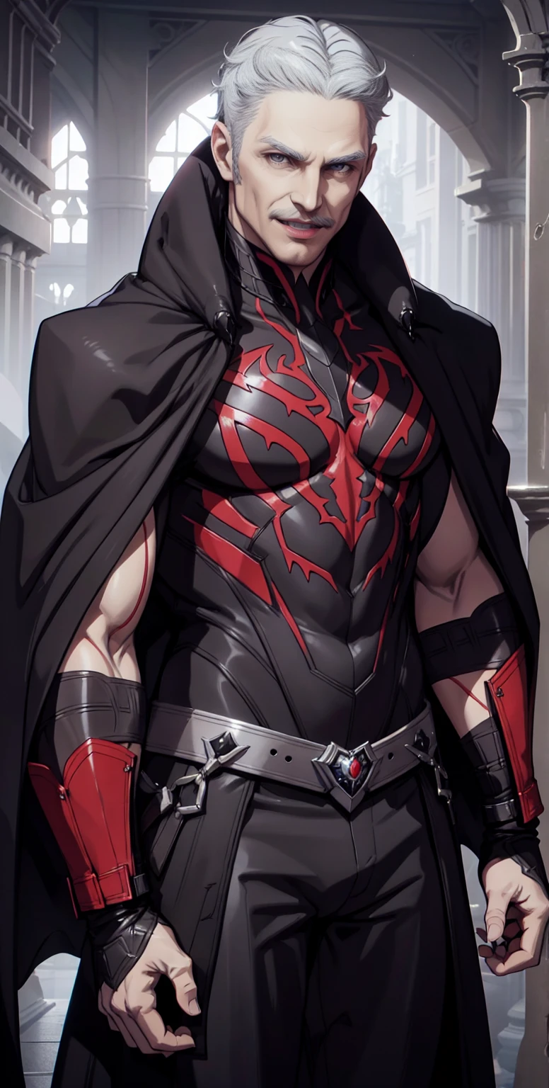 1man, vampire, handsome, pale grey skin, prominent muscular body, seems longer fangs, smile, shining red eyes, Art Nouveau Style, venom symbiote bodysuit, larger white spider mark in chest, midnight (background), hd, high quality, realistic-style, ultra-realistic, hyperrealistic, closer distance face, closer distance head, his distance pressing against me, 8k resolution