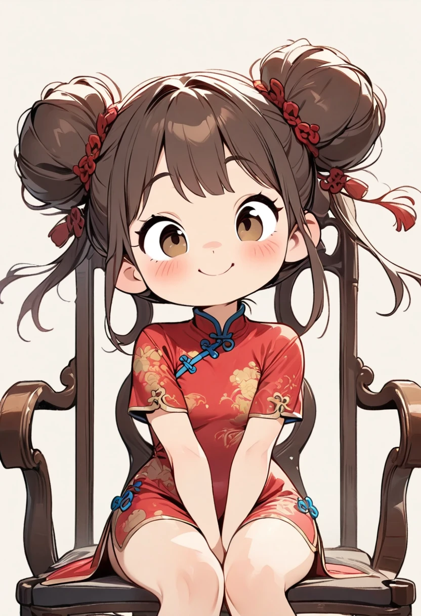 (masterpiece, Highest quality:1.2), Cartoon style character design, 1 girl, alone，Big eyes，Cute expression，Smiling, Two buns hair，China dress，sit on an antique chair