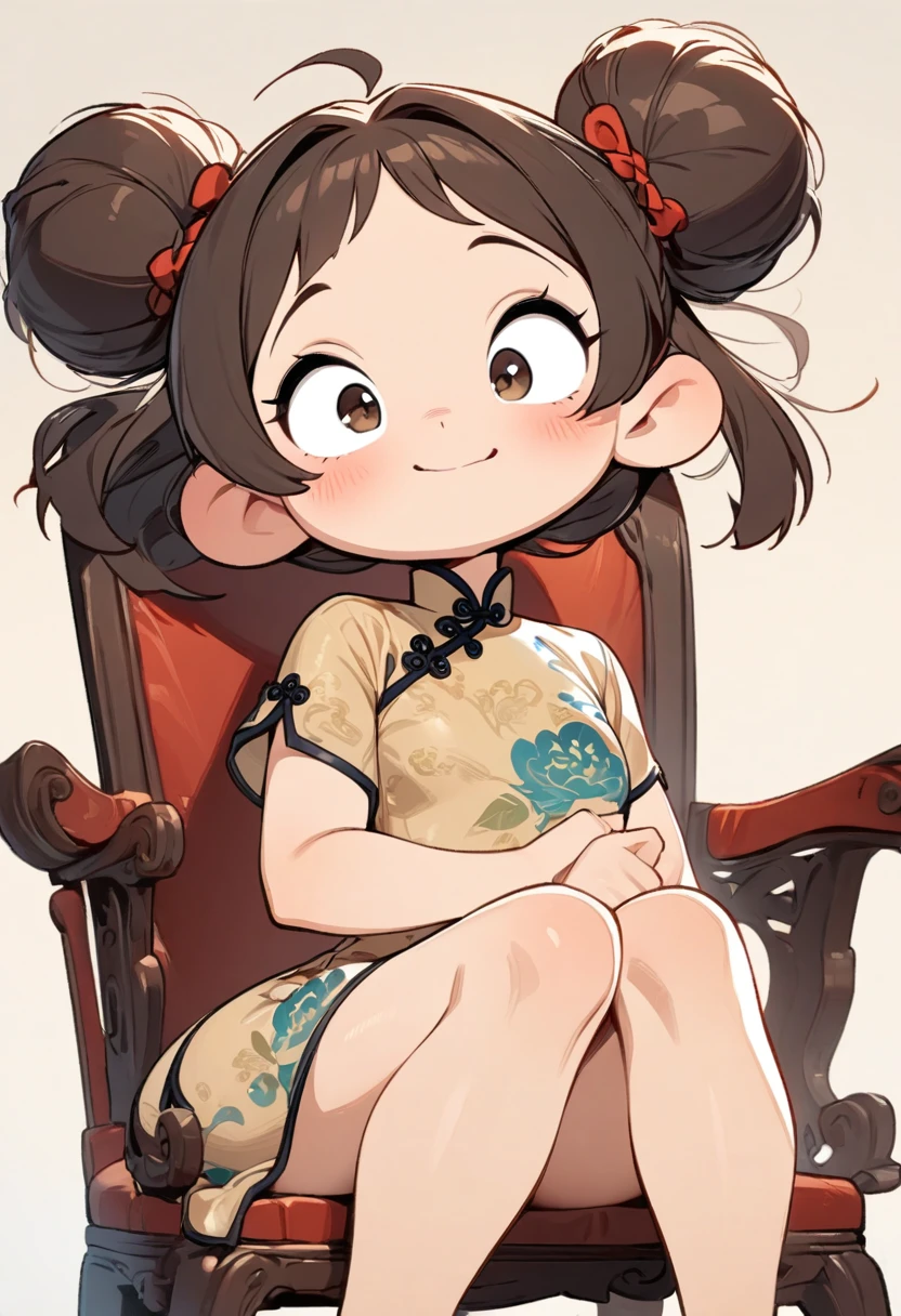 (masterpiece, Highest quality:1.2), Cartoon style character design, 1 girl, alone，Big eyes，Cute expression，Smiling, Two buns hair，China dress，sit on an antique chair