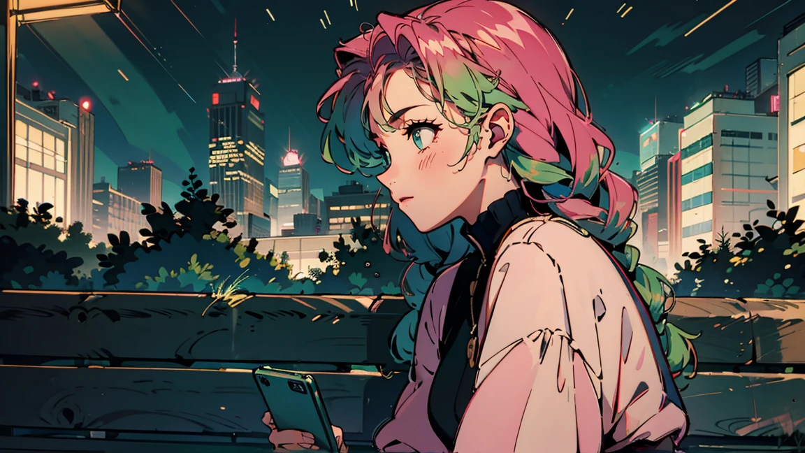 Bright pink hair , Rose Hair (Dark Pink), Green bristles, Gradient Hair, Multi-coloured hair, Long Hair, Quif, Twin Blade, Braid、Green Eyes, Highest quality, 8k, 1990s style, City Pop ,Relaxing on a park bench at night, whole body, The background is a park at night,Talking on a mobile phone、Cute Profile