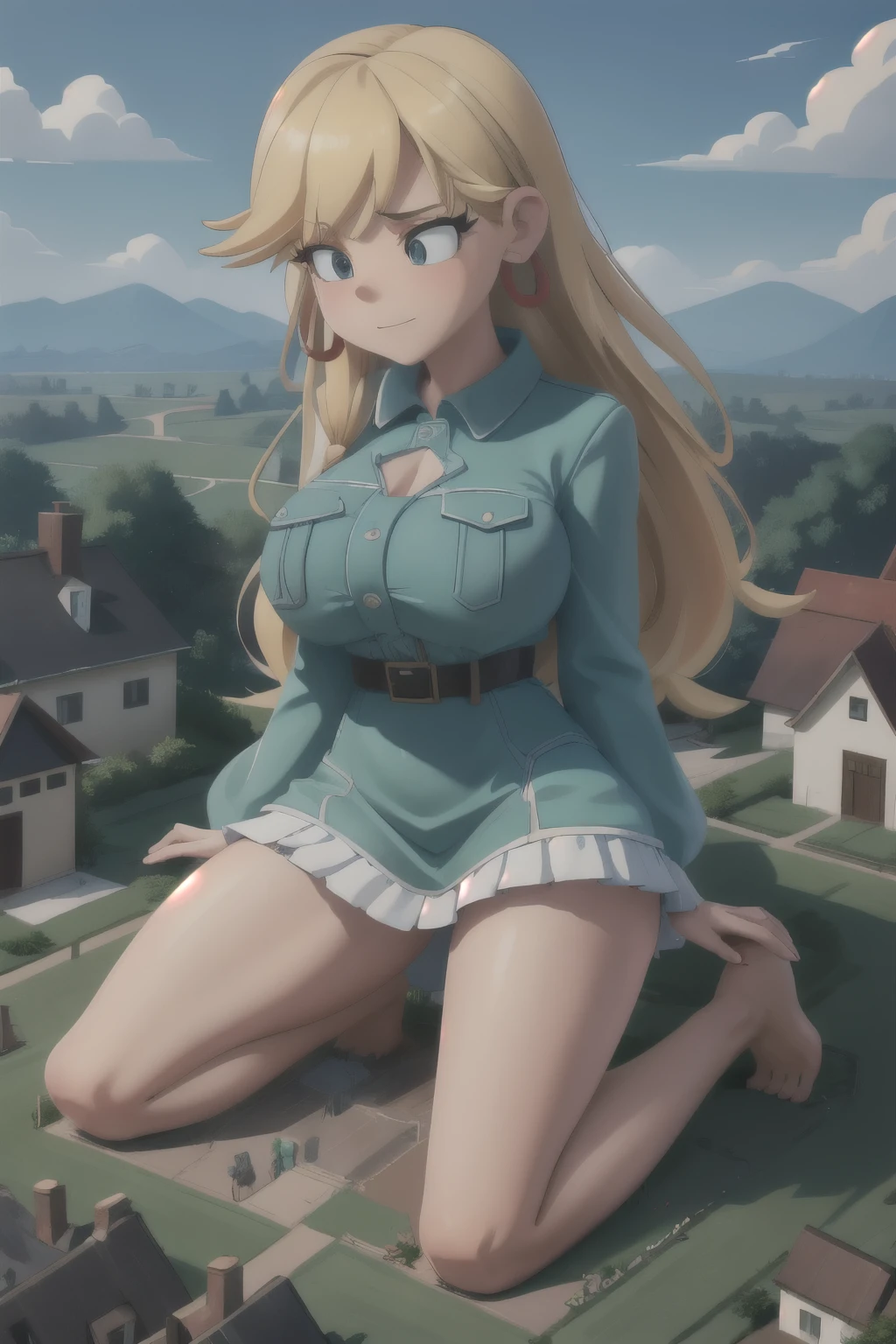 giantess looming over a single house in a field, kneeling, partially obscured, kneeling over a house in a field, one leg obscured, 1leg, tower between her legs, destroying a building, destruction, debris, crushing a building, tiny building between her legs
one house, spread legs:1.5, legs spread:1.5, giantess in a field with a house, cowgirl position:2
house obscuring view,
Forests, flowers, lakes, blue sky, white clouds, cutebuild style masterpiece, best quality, highres, leni loud, blonde hair, long hair, green dress, earrings, sunglasses on head, hoop earrings, big breast, big butt, barefoot, GTS, giantess, 1girl, solo, (Kneeling on top of a building), partially obscured, countryside, nature, rural, grass, mountains in the background, daytime, outdoors, partially obscured:3, looking down, fence in the foreground, building between legs, trees,
BREAK (16k, highres, high quality, masterpiece, ultra detailed, perfect lighting:1.1), looking down,
masterpiece, best quality, 1girl, solo,
destruction, rampage, debris, rubble,