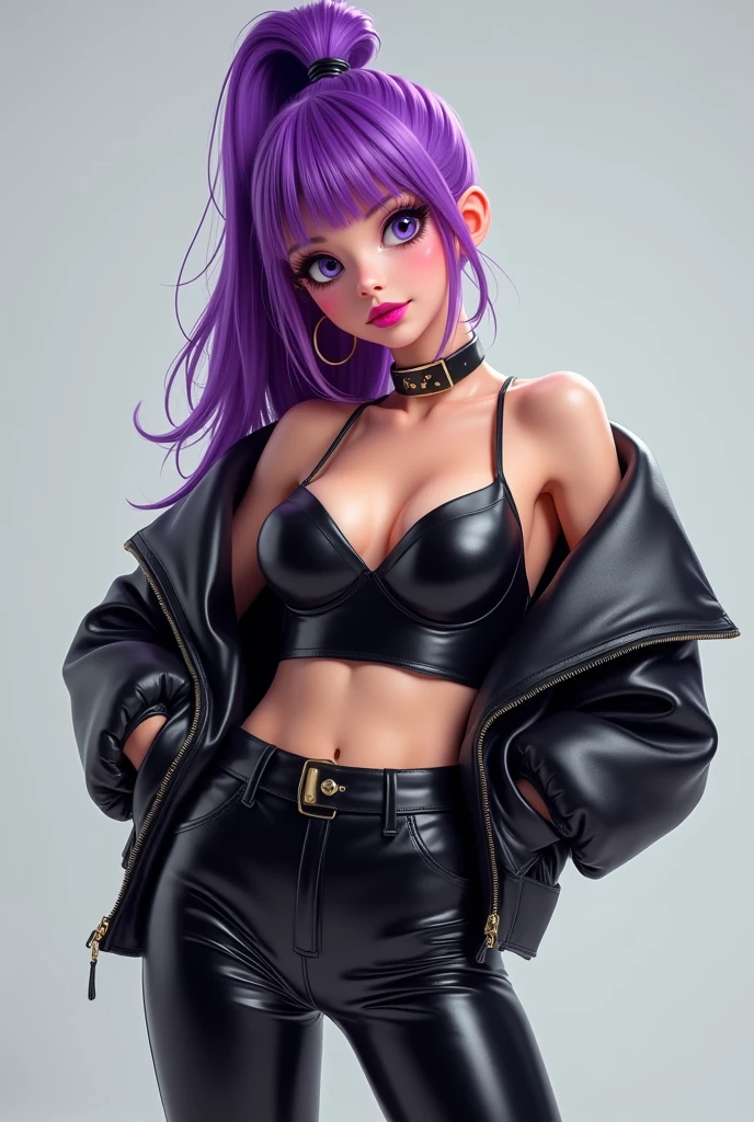 1 girl,(standing alone),(Top-notch image quality),(high qualiy),(high resolution),(detailded),(work of art),(work of art:1.2),(cowboy shot:1.4), (realisitic), looking ahead at viewer, olhos detaildeds, face perfect, perfects eyes, rosto detailded,short purple hair,high bandana, aretes, high socks, cute lingerie,curved,(White background),