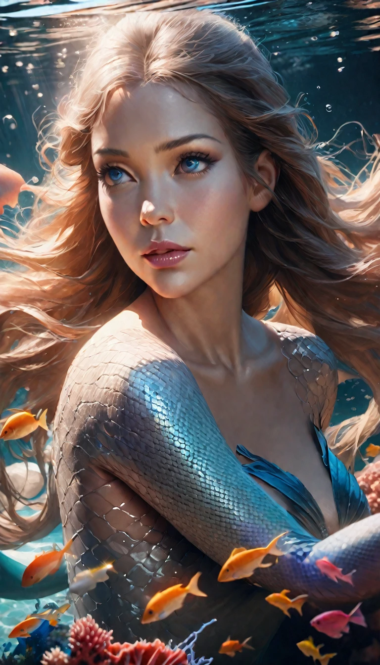 (Best quality,4K,8K,A high resolution,Masterpiece:1.2),Ultra-detailed,(Realistic,Photorealistic,photo-realistic:1.37),Beautiful detailed eyes,beautiful detailed lips,Extremely detailed eyes and face,long eyelasher,Seductive gaze,Fish tail,Shimmering scales,Ethereal beauty,A mysterious underwater world,glittering ocean,Illuminated by moonlight,fantastical creature,Lush underwater flora,Rippling waves,Flowing hair,Rainbow color palette,Beautiful shell and coral decoration,Be captivated by the deep sea,Seductive mermaid song,Mesmerizing charm,mythological creatures,hauntingly beautiful,Marine life,hyperrealistic atmosphere,ethereal and graceful,Powerful and elegant,Swim gracefully,Banshee of the Deep,Underwater seduction girl,The dark depths of mystery,Cast in a dramatic pose