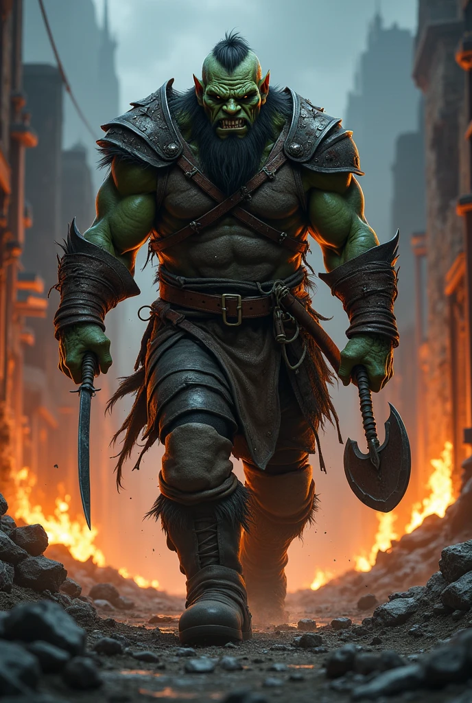 Middle Earth lore, portrait of half-Orc  , a green skinned orc warrior, wearing weathered Leather armour, raw iron chest plate, big boots, Nasty grin, wielding a rusty blade, war axe. Heavy stride, Walking through burning Ruins of a small dark fantasy town, village, battle aftermath. Crashing his enemies. Fantasy Orcish facial feature. Half-orc raider. Helms deep, Gondor. Night scene, ominous glow of fires. 