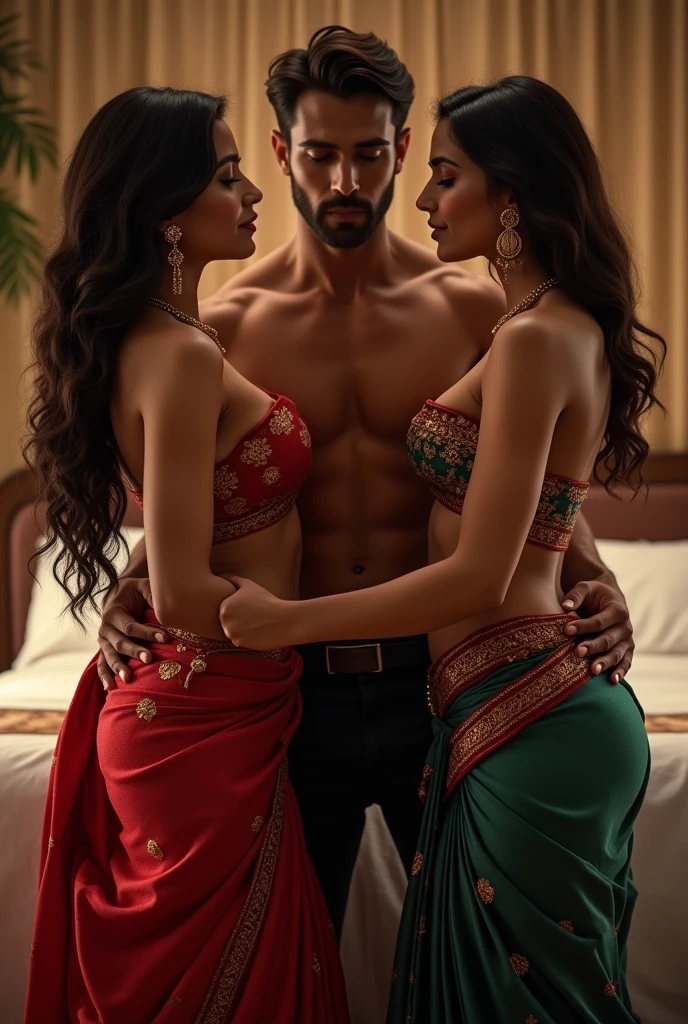 Muscular Handsome European ( tall&==((short-haired))) shirtless barbarian man absolutely surrounded and being hugged and touched by (((three))) sexy women harem girlfriends bitches feeling his muscles and groin, (((women: long Flowing voluminous hair))), And curvy bodies with wide hips and nice asses, women wearing robes with shoulders draped on shoulders , nobody looks identical, each person has a unique hair color and race and skin color, three of the hottest women to ever live loving this man, the three women share him as a boyfriend and enjoy helping him feel pleasure together, there are so many gorgeous women are here around this one man, they are desperately close to each other, expressions of ecstasy and joy and love on their faces, wrestling , hugging, tackling, massaging, grinding, Flirtatious, lounging in the fancy bedroom of an opulent mansion with windows, night and snowy winter outside, romantic candlelight that glows, worshipping him, sexual, kissing, sexualized positions, glowing glistening wet skin, tattoos, , jewelry, faces of laughter and happiness and pleasure and joy, pressing themselves together, romance novel cover poses, women competing for attention , if one woman is to his right then one women must be to his left and one woman behind him, full body shot, (((ONLY ONE MAN))), orgy, if one woman has dark hair then the second one must have red hair and the third have blonde hair. If one has light skin then the next women must have dark skin.  If one is European than the other must be Asian and the third one is Nordic and the fourth is African, everybody looks into another person's eyes, some women face Forward while other's face sideways and others face behind but all of them are facing the man, faces of satisfaction, cinematic 4k RAW photograph with bokeh and raytracing and depth of girls and subsurface scattering and gorgeous lighting and colors, masterpiece worthy of a museum