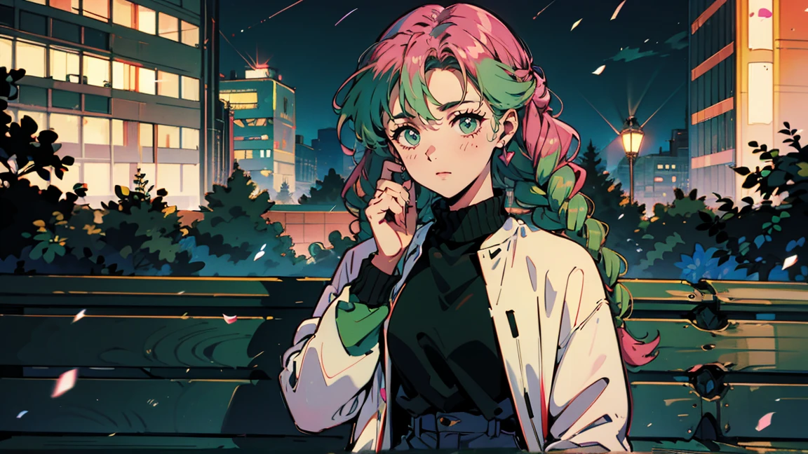 Bright pink hair , Rose Hair (Dark Pink), Green bristles, Gradient Hair, Multi-coloured hair, Long Hair, Quif, Twin Blade, Braid、Green Eyes, Highest quality, 8k, 1990s style, City Pop ,Relaxing on a park bench at night, whole body, The background is a park at night,Talking on a mobile phone、１