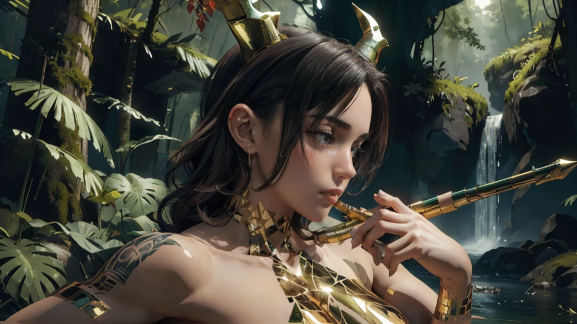 (Portrait of a naked woman with horns, dressed in tree leaves) (Beautiful face) (good body) (very detailed) (highest quality) (forest background) (big breasts) (happy) (playing the flute) (Thick)