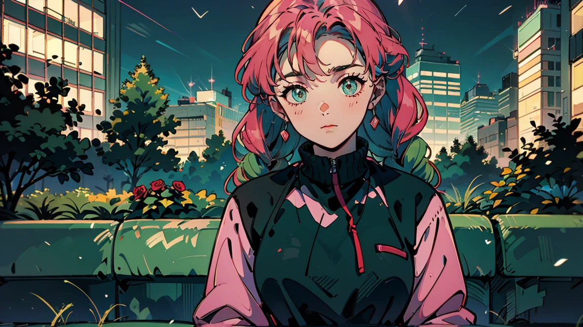 Bright pink hair , Rose Hair (Dark Pink), Green bristles, Gradient Hair, Multi-coloured hair, Long Hair, Quif, Twin Blade, Braid、Green Eyes, Highest quality, 8k, 1990s style, City Pop ,Relaxing on a park bench at night, whole body, The background is a park at night,Talking on a mobile phone、alone、