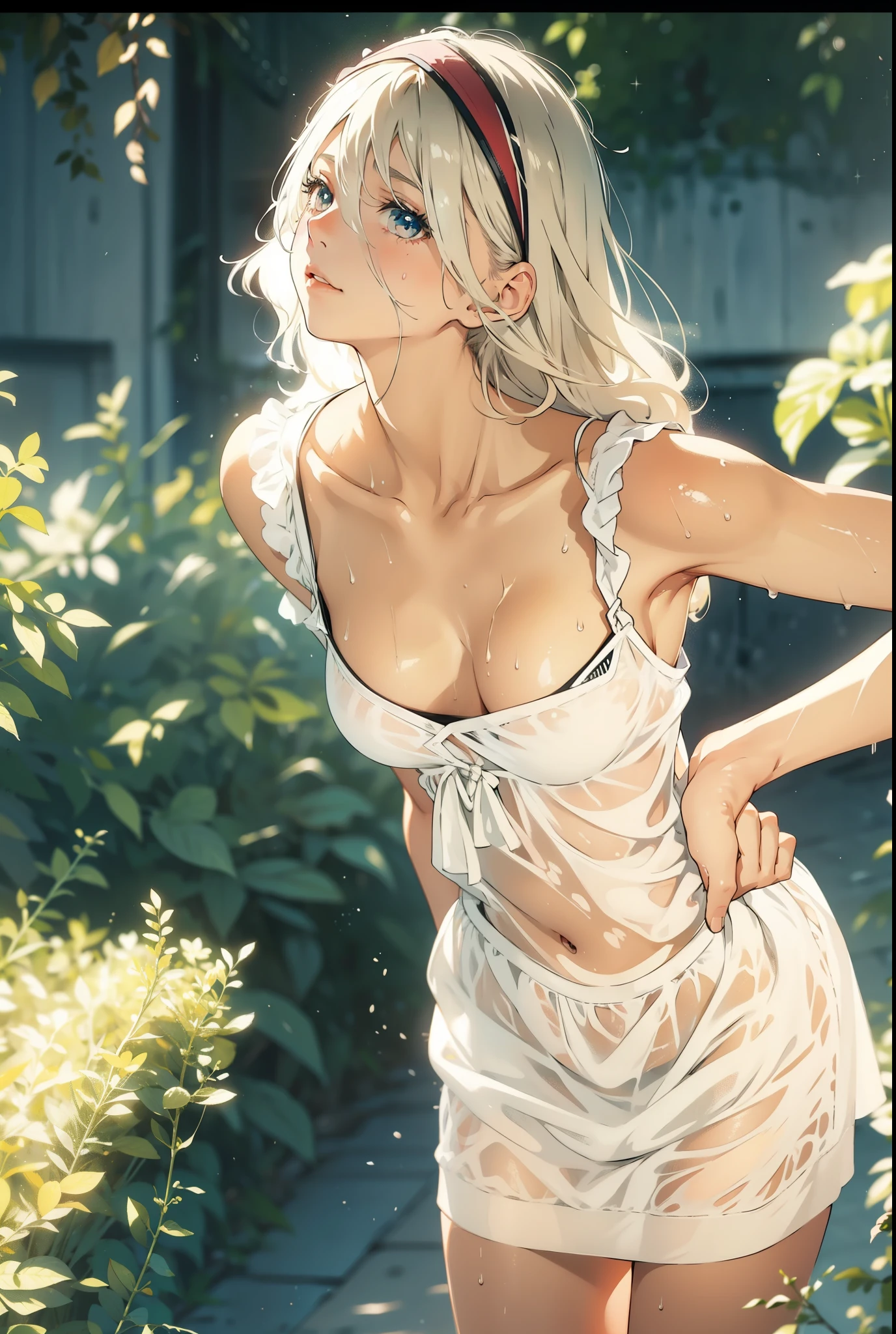 (masterpiece), (highest quality), (detailed), Light Layer, 1 Solo Girl, Girl in the forest, Sexy transparent colonial dress, Perfect body, Blonde Hair, The chest is pronounced, Prominent clavicle, Ultra-realistic, Realistic, detailed, Tight, see-through nipples, Wet clothes,