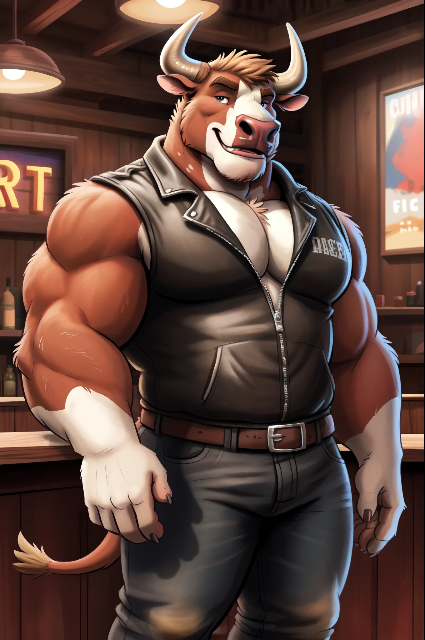 highest res, bull, anthro, 4 fingers, male aged in early 50's, muscular, muscular anthro, muscular male, tail, standing in most realistic detailed accurate american western texan biker bar, solo, most realistic detailed accurate blurred background, by dramamine, by nanoff, by minedoo, by dream_and_nightmare, by horrorbuns, short darkest detailed multi tone bull fur, full body view, most realistic detailed bull fur pattern, colors, and markings, most tough and manly masculine calm relaxed casual face, dynamic most calm realxed casual tough and manly masculine calm relaxed pose, frontal view, fully front facing view, american, texan, western, biker, average height most bulky muscular sexiest body, daddy, dilf, open mouth, showing teeth, open eyes, detailed dark pupils, best quality, masterpiece, perked up ears, facing viewer, looking at viewer, smiling, smiling at viewer, without text, summer, fully clothed male, indoors, closeup, most detailed huge pecs, best most realistic body proportions, most tough and manly, most detailed bull teeth, clothes, wearing most detailed most tough and manly masculine most accurate modern leather biker outfit, hdr, 8k, most detailed most shortest bull hair, most detailed shortest most tough and manly masculine hairstyle, an14, e621, best anatomy, best ergonomics, most tough and manly masculine male, most detailed bull horns, 