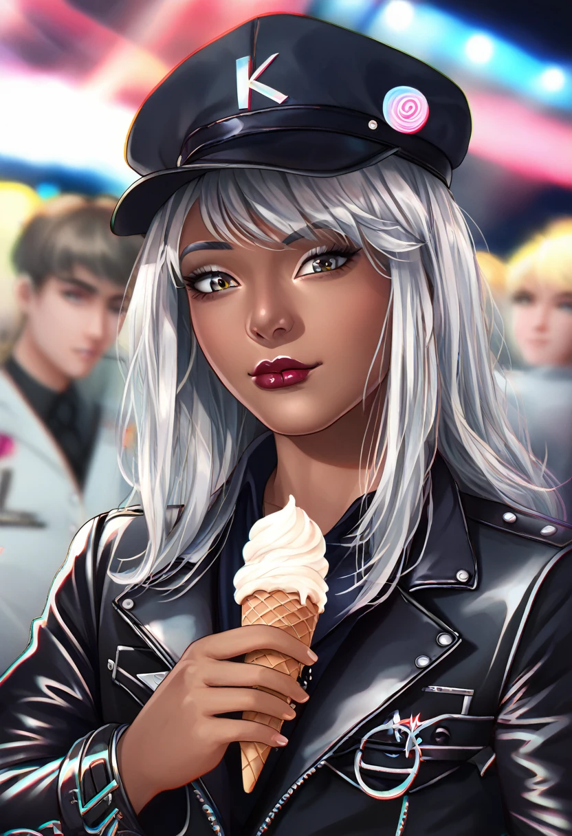 Handsome young man wearing a leather jacket, Wear a hat, Have silver hair, Holding ice cream, Disheveled silver hair, Handsome, (8K, RAW photos, Reality:1.25) ,( Lip Gloss, eyelash, man, Glossy surface, Smooth skin, Dark Skin, Dark Breath, male, best quality, Ultra-high resolution, young man, Depth of Field, Chromatic Aberration, Caustics, Broad lighting, Natural shade,Korean Idol) Looking at the audience with a peaceful and sacred happiness,\",\"width