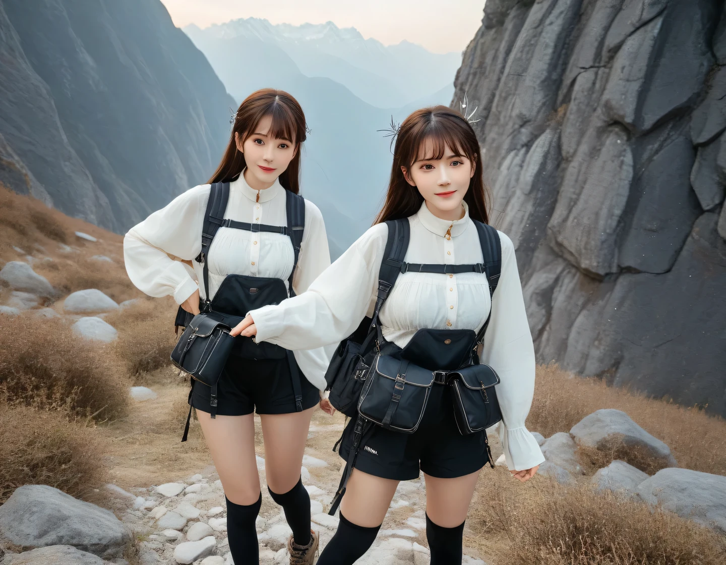 Highest quality、masterpiece、3woman,Trio Photo、(Servant in the fantasy world, Mountaineering equipment, Large backpack, Tight shirt, valley), Large Breasts, Slim face, Slim body, ((Layered Haircut)),(8k,Highest quality),Full Body Shot,Shot from medium distances,Full body photo、 Adorable, Happy smile, Long brown hair, 32K, masterpiece, Best image quality,Black choker、Almond Eye、bangs、Very thick and long eyelashes, Rocky area, Secret Realm、((Big Breasts))、Sweat、Dependents、servant、ice axe, mining, Excavation、Strange rocks