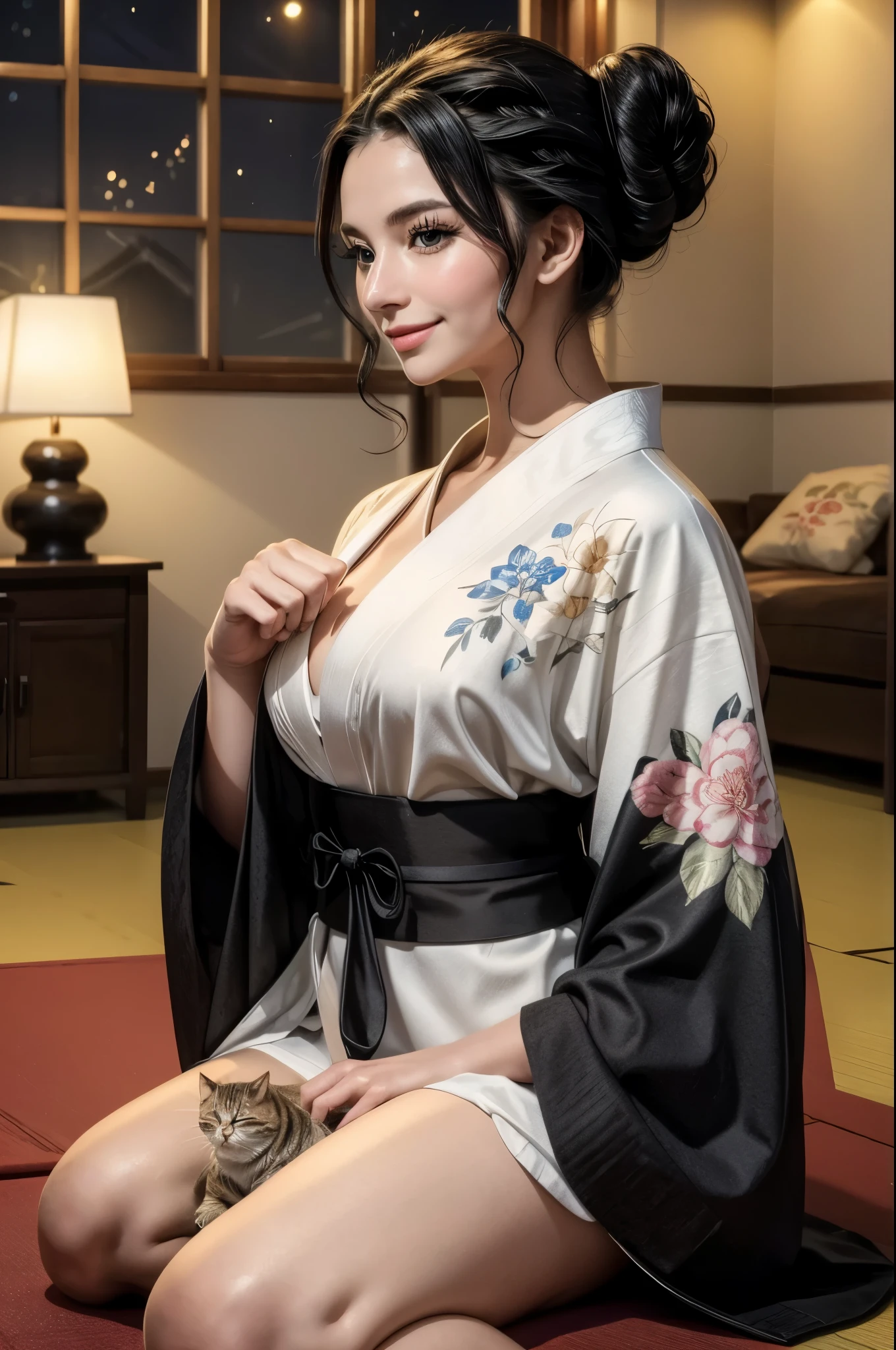 masterpiece, best quality, extremely detailed, hyperrealistic:1.1, photorealistic, a beautiful 20s russian model, ultra detailed face:1.1, white japanese yukata, black kimono cardigan, half updo, black hair, with cat on her side:1.3, living room, in the night:1.1, joyful smile, paw pose:1.1
