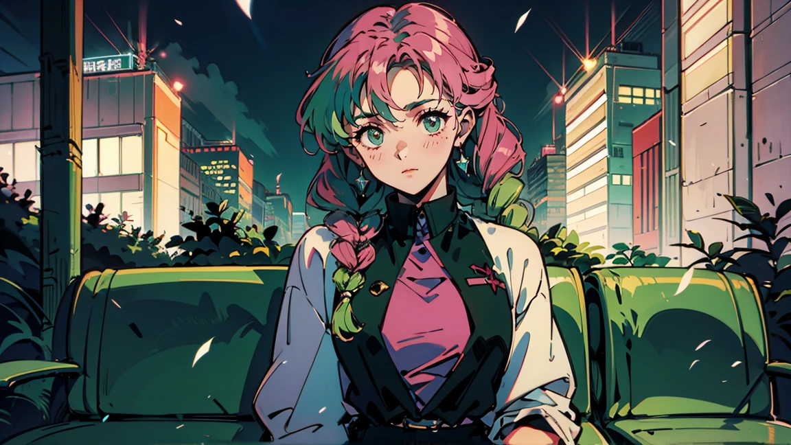 Bright pink hair , Rose Hair (Dark Pink), Green bristles, Gradient Hair, Multi-coloured hair, Long Hair, Quif, Twin Blade, Braid、Green Eyes, Highest quality, 8k, 1990s style, City Pop ,Relaxing on a park bench at night, whole body, The background is a park at night,Talking on a mobile phone、alone、One Girl