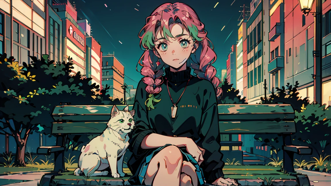 Bright pink hair , Rose Hair (Dark Pink), Green bristles, Gradient Hair, Multi-coloured hair, Long Hair, Quif, Twin Blade, Braid、Green Eyes, Highest quality, 8k, 1990s style, City Pop ,Relaxing on a park bench at night, whole body, The background is a park at night,Talking on a mobile phone、alone、One Girl