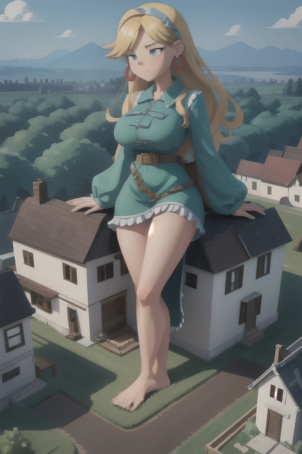 giantess looming over a single house in a field, kneeling, partially obscured, kneeling over a house in a field, one leg obscured, 1leg, tower between her legs, destroying a building, destruction, debris, crushing a building, tiny building between her legs
one house, spread legs:1.5, legs spread:1.5, giantess in a field with a house, cowgirl position:2
house obscuring view,
Forests, flowers, lakes, blue sky, white clouds, cutebuild style masterpiece, best quality, highres, leni loud, blonde hair, long hair, green dress, earrings, sunglasses on head, hoop earrings, big breast, big butt, barefoot, GTS, giantess, 1girl, solo, (Kneeling on top of a building), partially obscured, countryside, nature, rural, grass, mountains in the background, daytime, outdoors, partially obscured:3, looking down, fence in the foreground, building between legs, trees,
BREAK (16k, highres, high quality, masterpiece, ultra detailed, perfect lighting:1.1), looking down,
masterpiece, best quality, 1girl, solo,
destruction, rampage, debris, rubble,