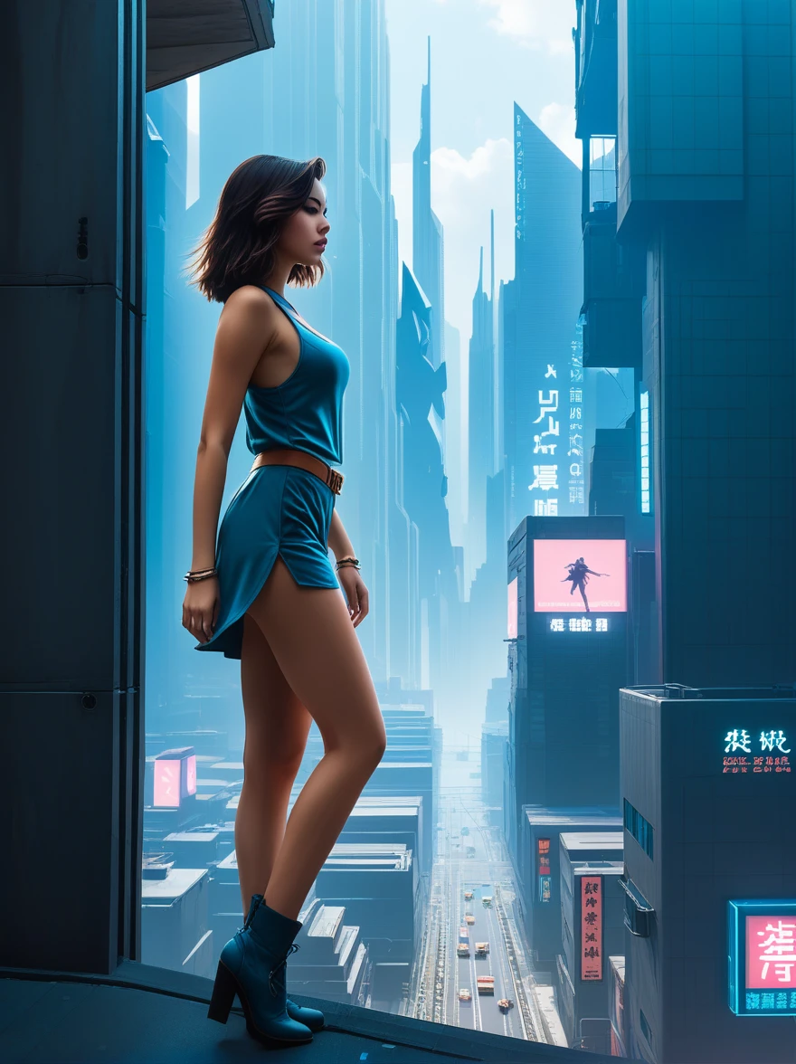 a girl in short dress walking on the edge of building, cyberpunk city background, by Peter Mohrbacher and Makoto Shinkai,