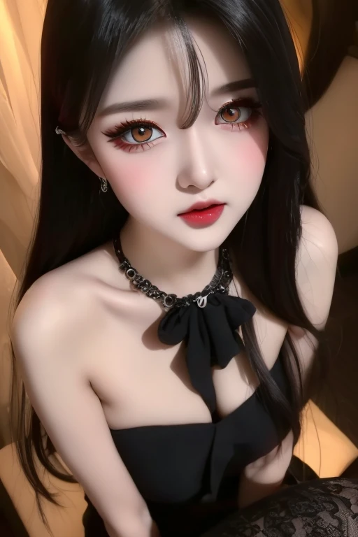 Enchanting Fallen Angel, black hair, halo, mismatched sclera, red eyes, yellow eyes, full blush, open mouth, oral invitation, Verism, UHD