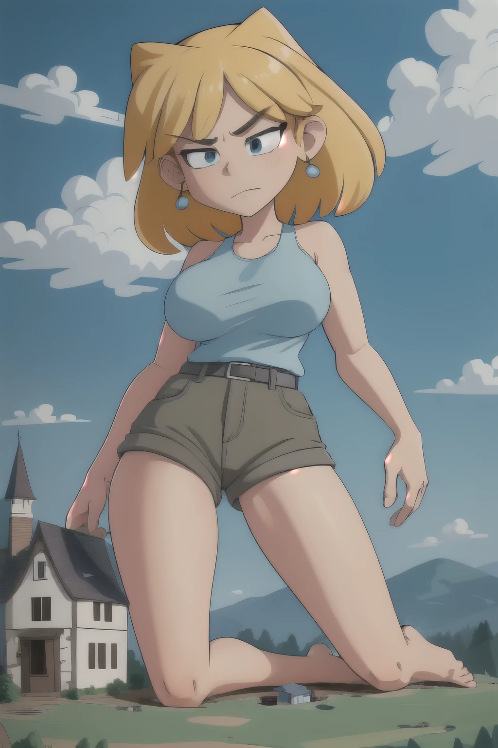 giantess looming over a single house in a field, kneeling, partially obscured, kneeling over a house in a field, one leg obscured, 1leg, tower between her legs, destroying a building, destruction, debris, crushing a building, tiny building between her legs
one house, spread legs:1.5, legs spread:1.5, giantess in a field with a house, cowgirl position:2
house obscuring view,
Forests, flowers, lakes, blue sky, white clouds, cutebuild style masterpiece, best quality, highres, Lori Loud, blonde hair, short hair, light blue tank top, brown shorts, slightly annoyed expression, big breast, big butt, barefoot, GTS, giantess, 1girl, solo, (Kneeling on top of a building), partially obscured, countryside, nature, rural, grass, mountains in the background, daytime, outdoors, partially obscured:3, looking down, fence in the foreground, building between legs, trees,
BREAK (16k, highres, high quality, masterpiece, ultra detailed, perfect lighting:1.1), looking down,
masterpiece, best quality, 1girl, solo,
destruction, rampage, debris, rubble,