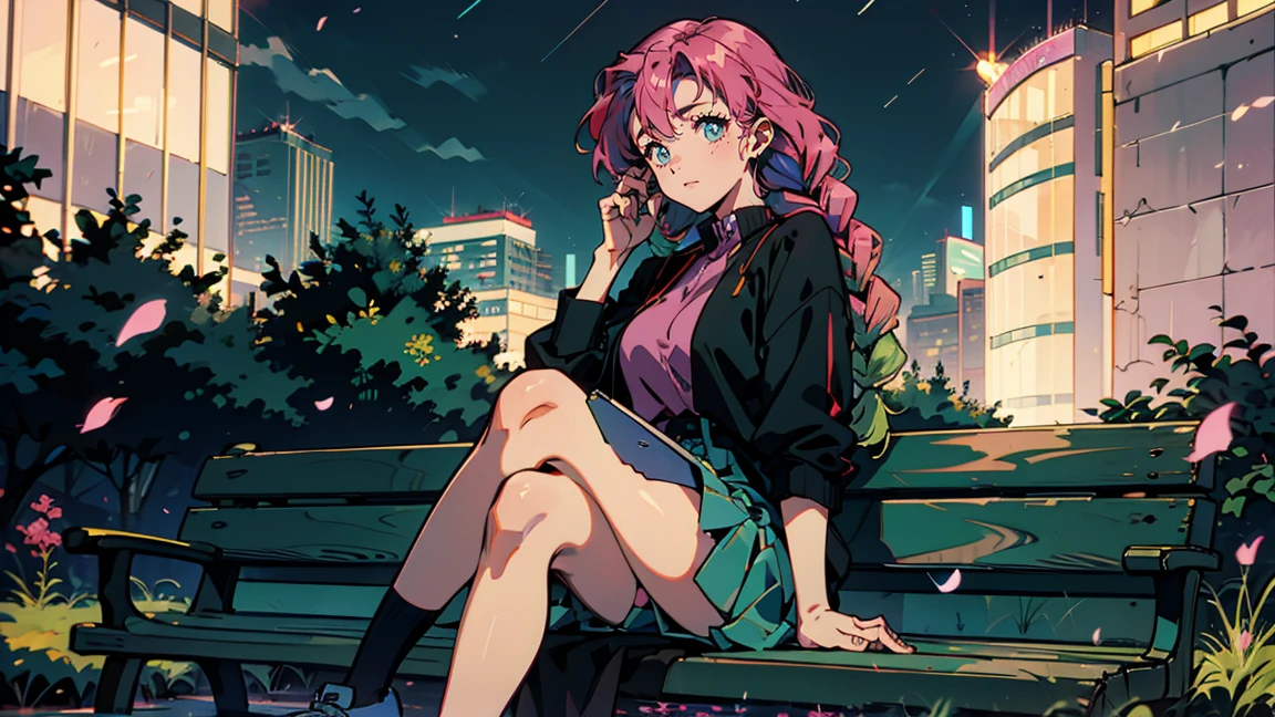 Bright pink hair , Rose Hair (Dark Pink), Green bristles, Gradient Hair, Multi-coloured hair, Long Hair, Quif, Twin Blade, Braid、Green Eyes, Highest quality, 8k, 1990s style, City Pop ,Relaxing on a park bench at night, whole body, The background is a park at night,Talking on a mobile phone、alone、One Girl