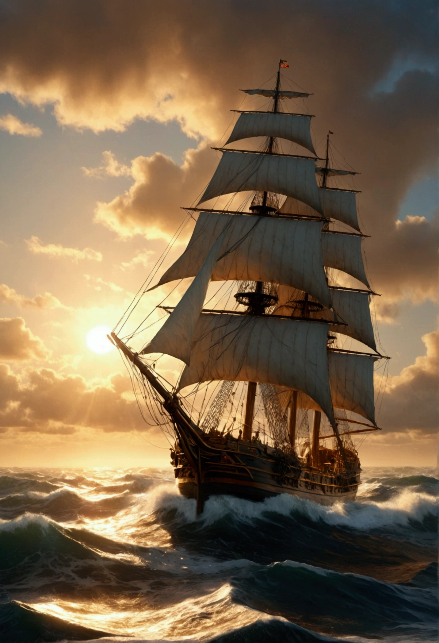 a majestic galleon sailing across the open ocean, rough seas, Montague-Dawson style, detailed ocean waves, dramatic clouds, golden sunlight, photorealistic, highly detailed, intricate textures, vivid colors, masterpiece, best quality, 8k