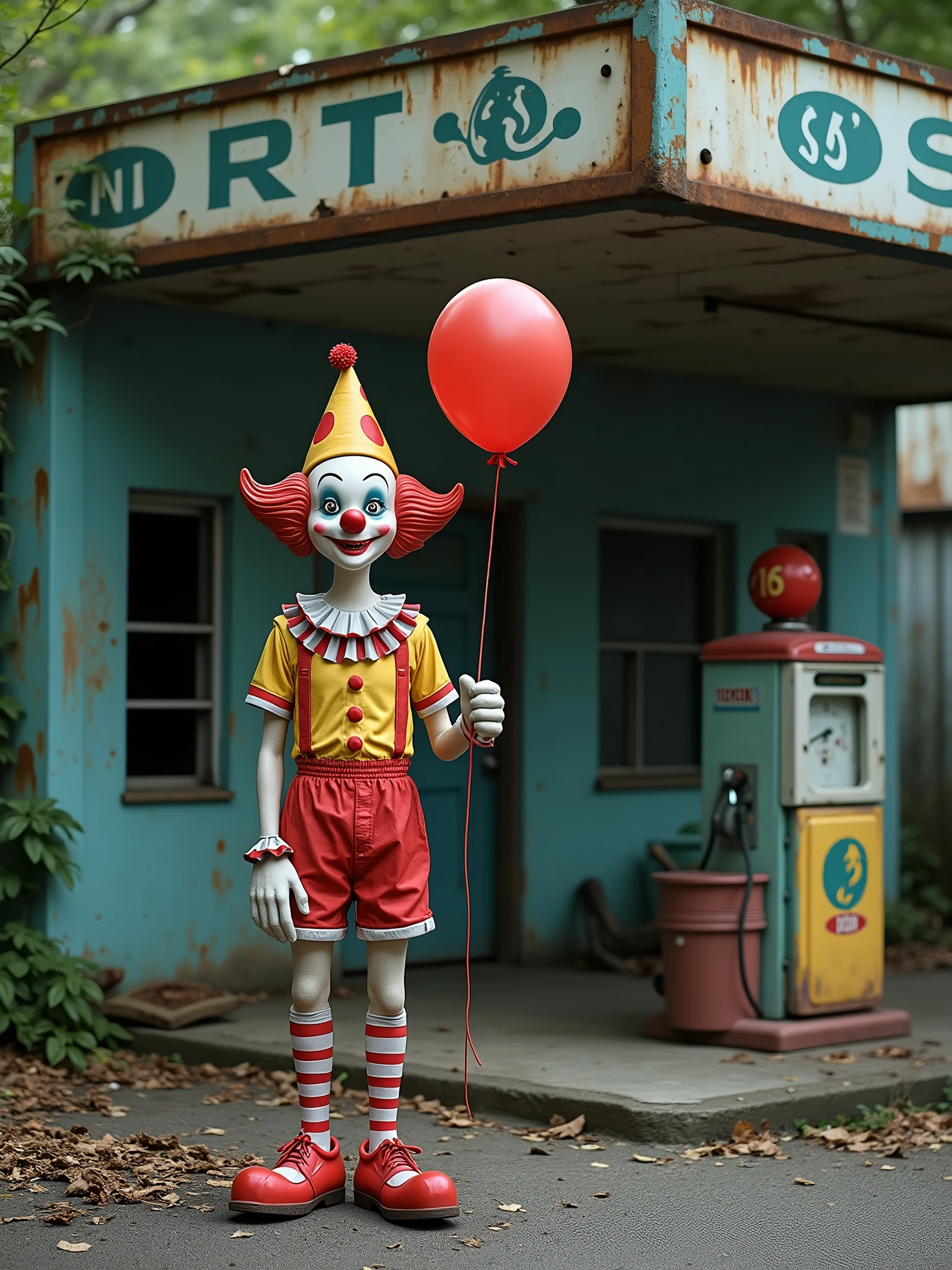 the clown pennywise driving a (miniature) vtnktnk tank with a red balloon and doll, dslr, 8k, beautiful, perfect face, hyper realistic <lora:vtnktnk_SDXL_v1_32-000015:1> <lora:M0nstrcrz_SDXL_v1_32:0.5> <lora:retr0magz_SDXL_v1_32:0.5>