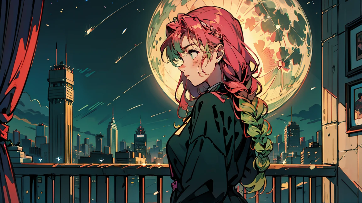 Bright pink hair , Rose Hair (Dark Pink), Green bristles, Gradient Hair, Multi-coloured hair, Long Hair, Quif, Twin Blade, Braid、Green Eyes, Highest quality, 8k, Full moon and starry sky, The cityscape shining in the foreground. Profile Female, Wearing polka-dot pajamas. He is wearing large headphones and watching the audience... There is a balcony railing in front. I can see the curtains at the back of the room... Contrast of the dark night sky and bright city lights. peaceful, A contemplative mood. Detailed building background. soft, A warm color palette with emphasis on blue and orange. comfortable, Late-night atmosphere. The image shows々A variety of colors are used