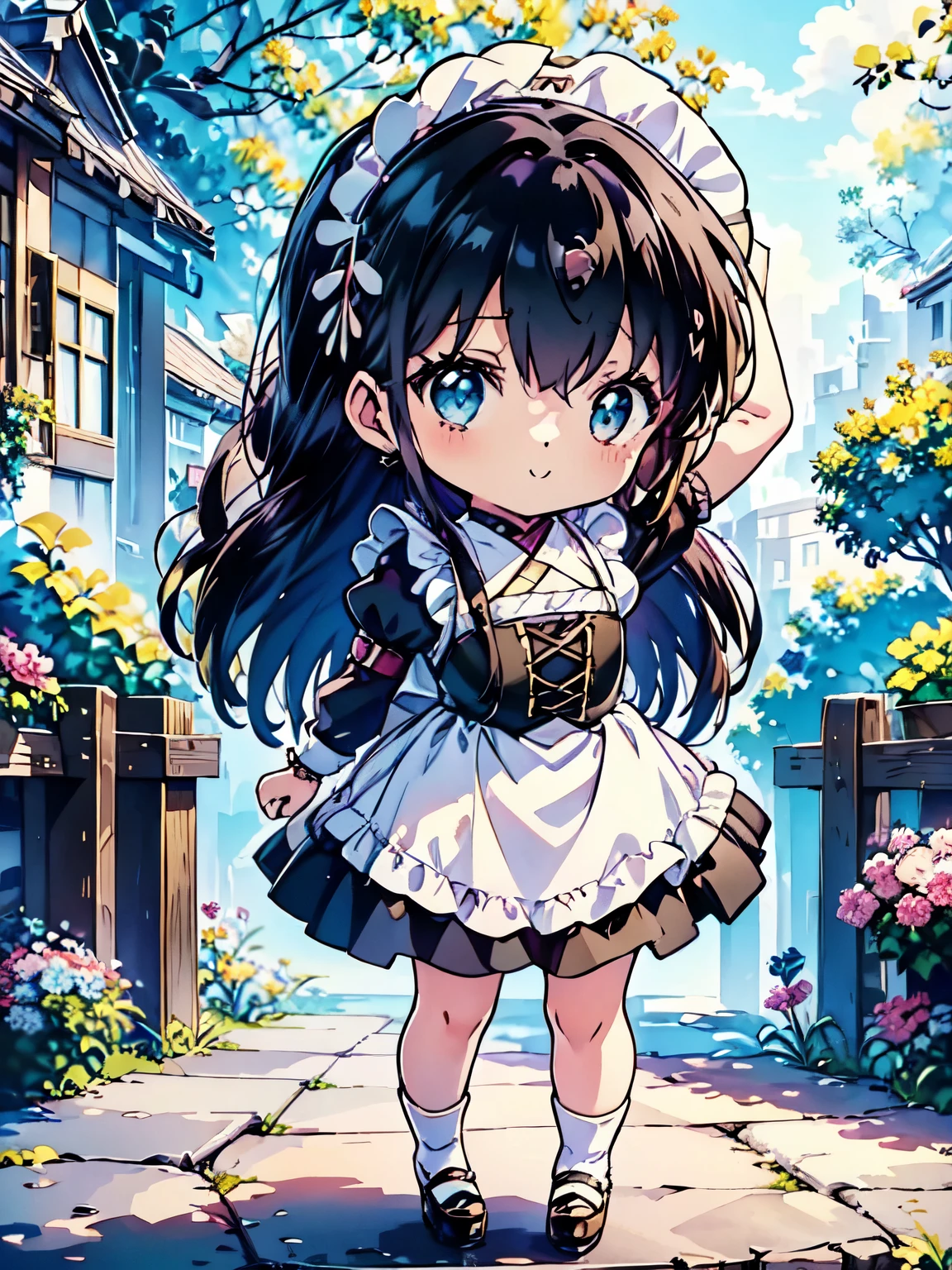 One Girl、(Moe:1.10)、alone、Kyoko Otonashi、Cute white and blue maid outfit、((Chibi Character:1.4))、、Beautifully colored eyes　Cute Smile、fluffy、fluffy、With a girl、Ezvian Everywhere、Victorian maid clothes、Absolute reference to the center、Gothic Clothing、8Ｋimage、Mini Characters、Highest quality