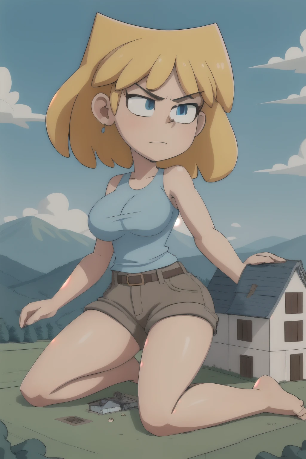 giantess looming over a single house in a field, kneeling, partially obscured, kneeling over a house in a field, one leg obscured, 1leg, tower between her legs, destroying a building, destruction, debris, crushing a building, tiny building between her legs
one house, spread legs:1.5, legs spread:1.5, giantess in a field with a house, cowgirl position:2
house obscuring view,
Forests, flowers, lakes, blue sky, white clouds, cutebuild style masterpiece, best quality, highres, Lori Loud, blonde hair, short hair, light blue tank top, brown shorts, slightly annoyed expression, big breast, big butt, barefoot, GTS, giantess, 1girl, solo, (Kneeling on top of a building), partially obscured, countryside, nature, rural, grass, mountains in the background, daytime, outdoors, partially obscured:3, looking down, fence in the foreground, building between legs, trees,
BREAK (16k, highres, high quality, masterpiece, ultra detailed, perfect lighting:1.1), looking down,
masterpiece, best quality, 1girl, solo,
destruction, rampage, debris, rubble,
